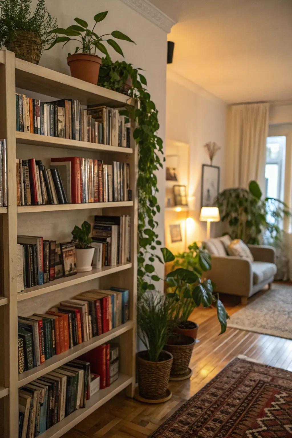 Plants add freshness and vibrancy to bookshelves.