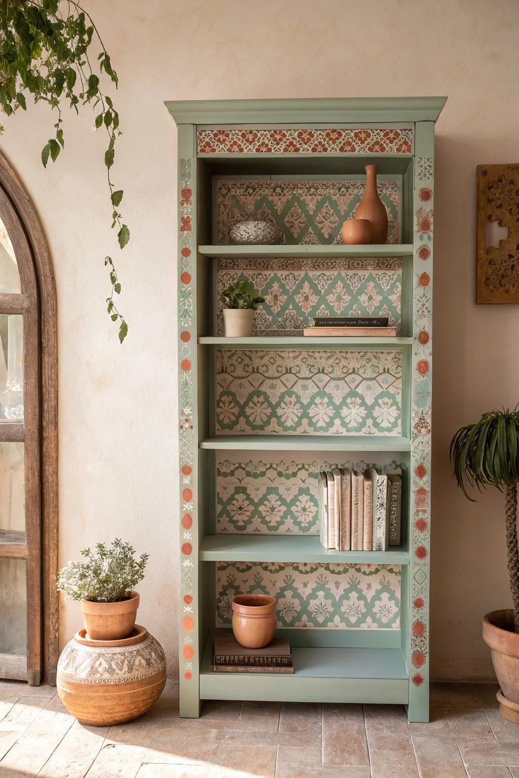 Transform your bookshelf into a work of art with simple stenciled patterns, perfect for a touch of minimalist boho charm.