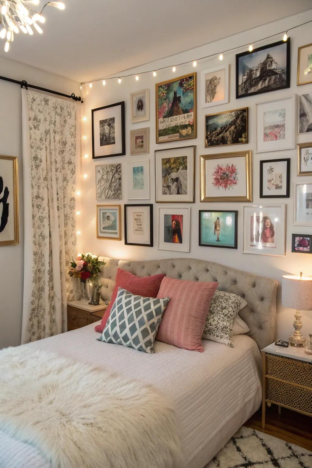 Gallery walls bring artistic flair and personality to your boudoir.