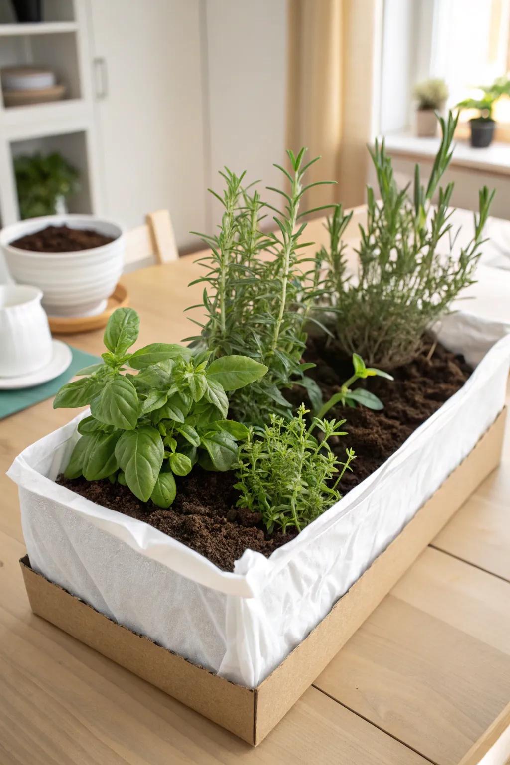 Transform simple cardboard into a chic, eco-friendly garden planter for your herbs. #ScandinavianBoho #EcoFriendlyLiving