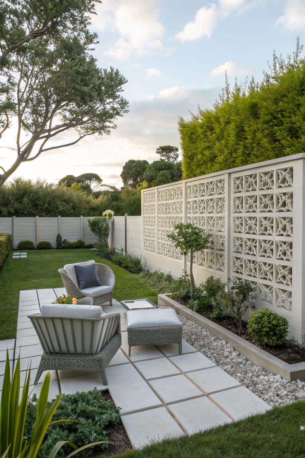 A garden with a breeze block wall as a striking focal point.