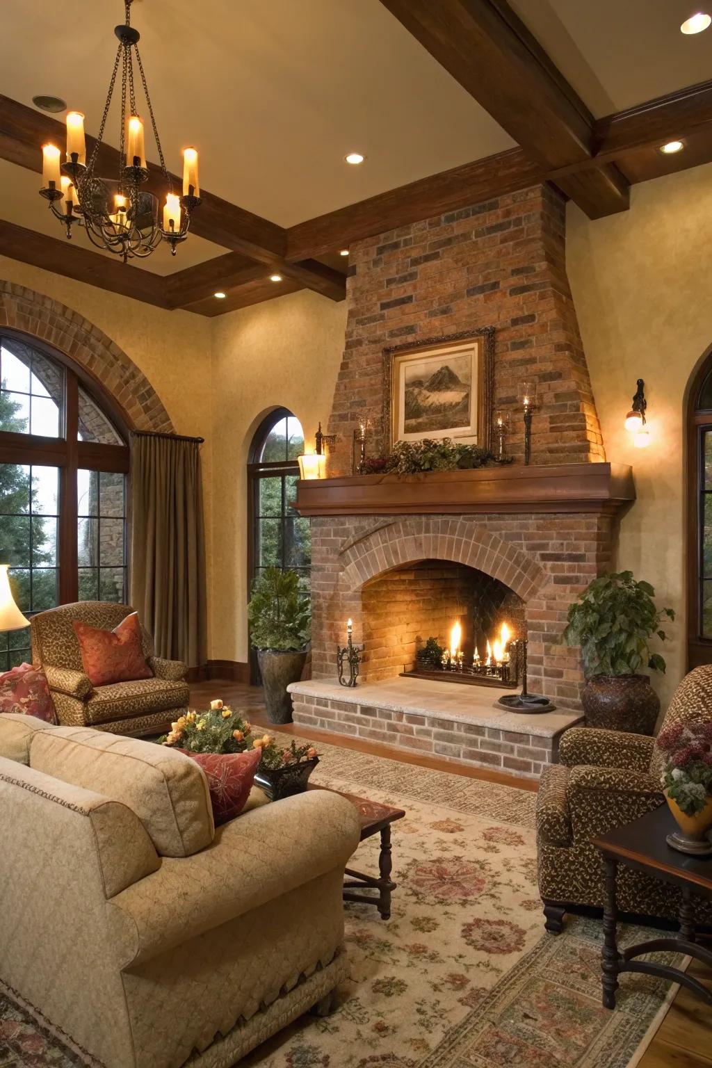 Classic elegance with an arched brick fireplace.