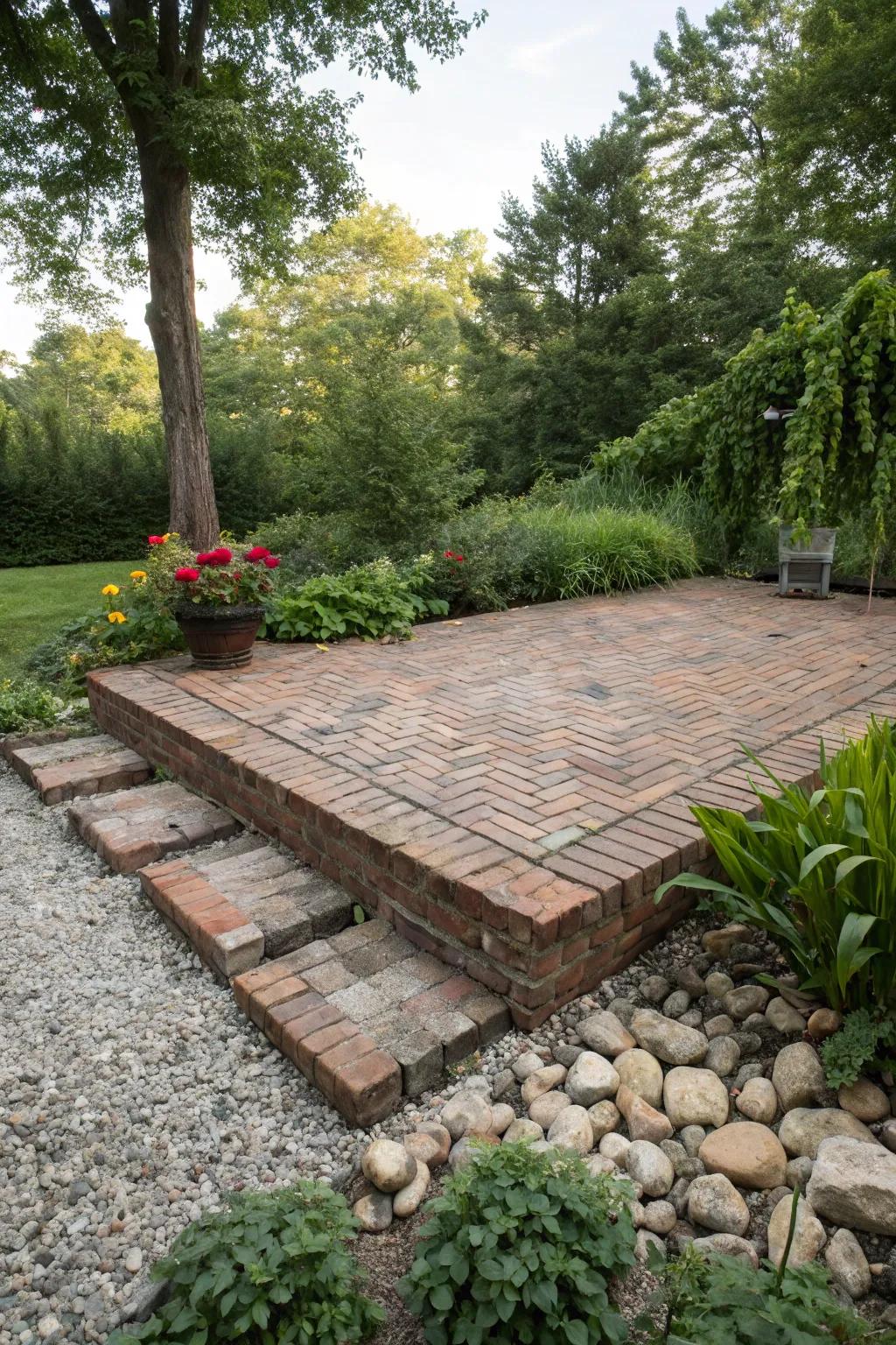 A floating brick patio offers a secluded, peaceful escape.