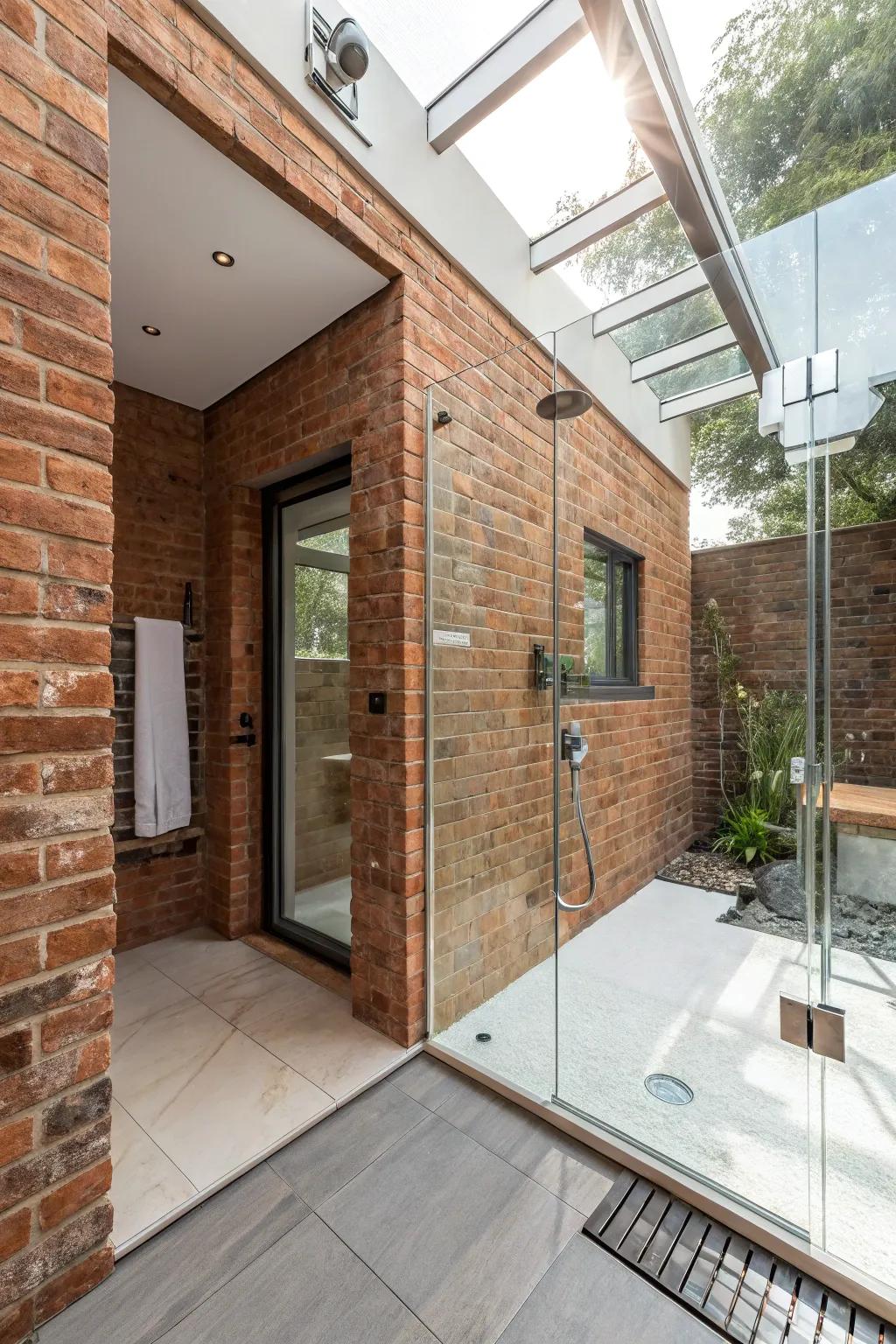 Brick and glass create a transparent and airy bathroom atmosphere.