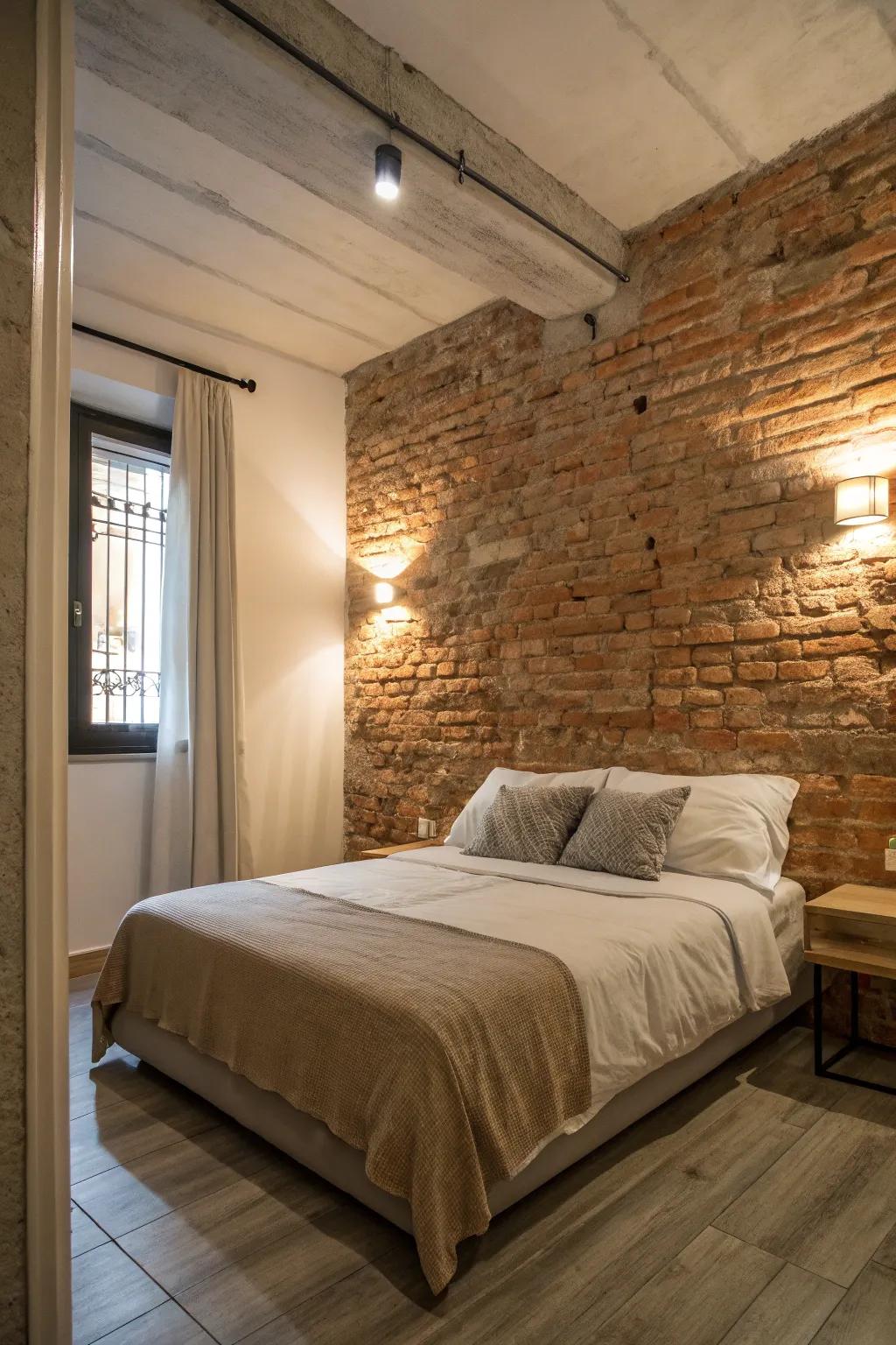 An exposed brick wall serves as a charming headboard in this cozy bedroom.