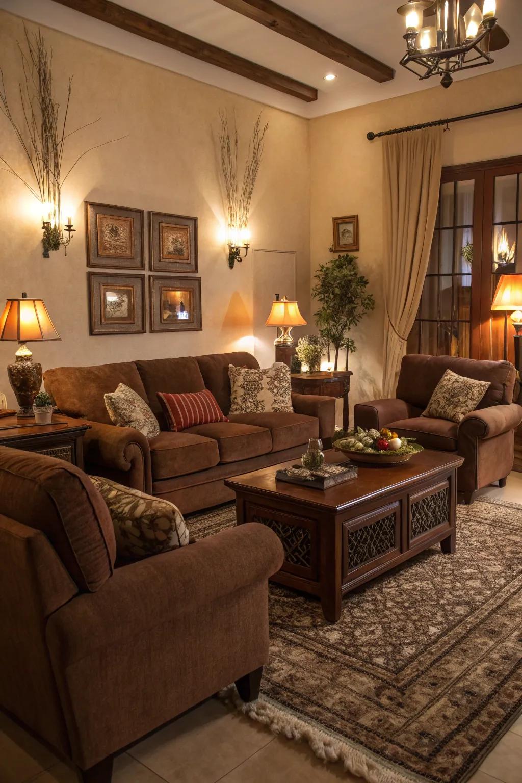 Brown furniture adds warmth and comfort to the home.