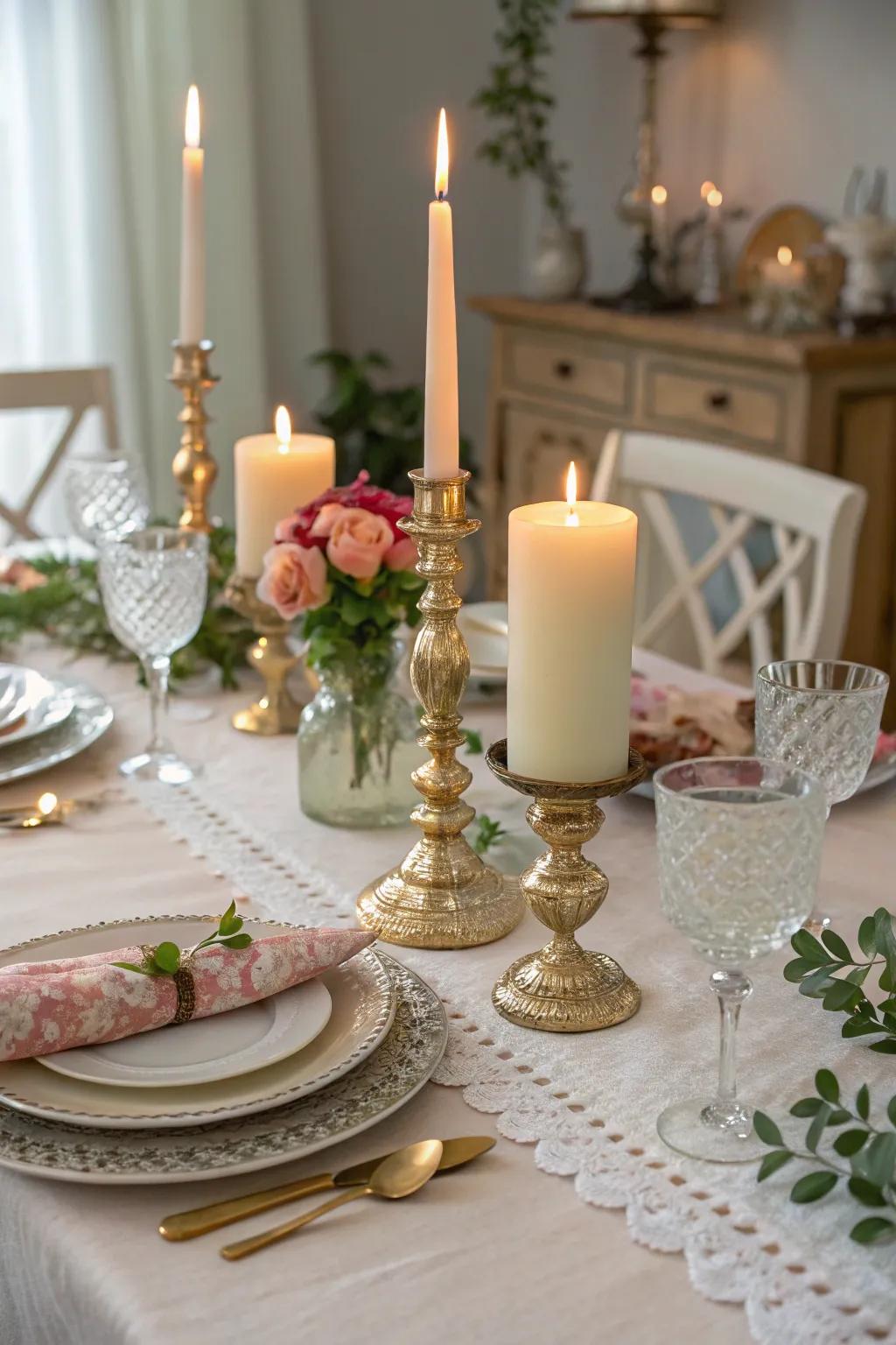 A brunch table set with elegant candles in varying heights.