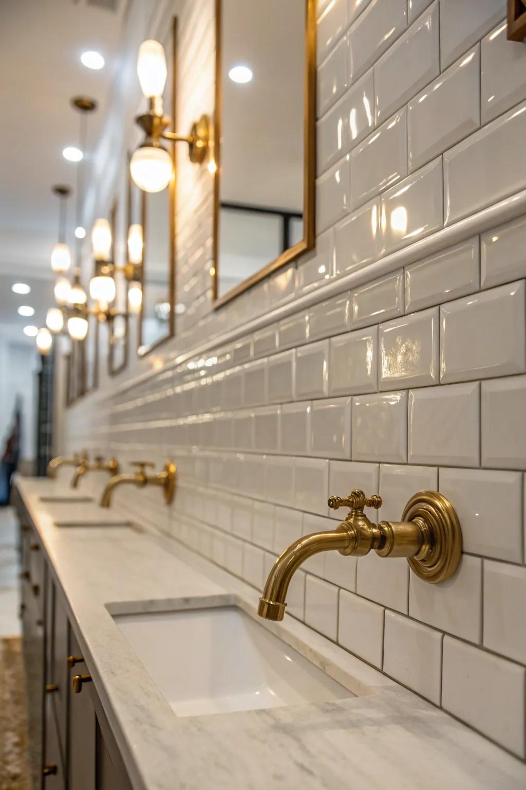 The interplay of textures with smooth tiles and brushed brass fixtures.