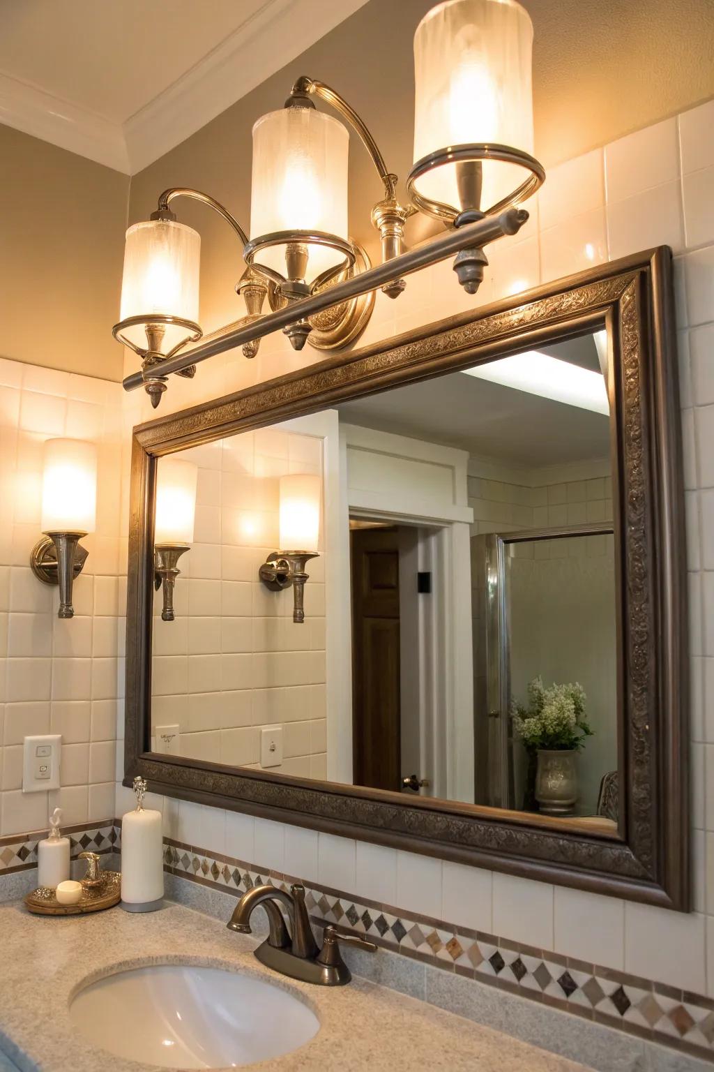 Timeless candle-style brushed nickel lighting above a bathroom mirror.