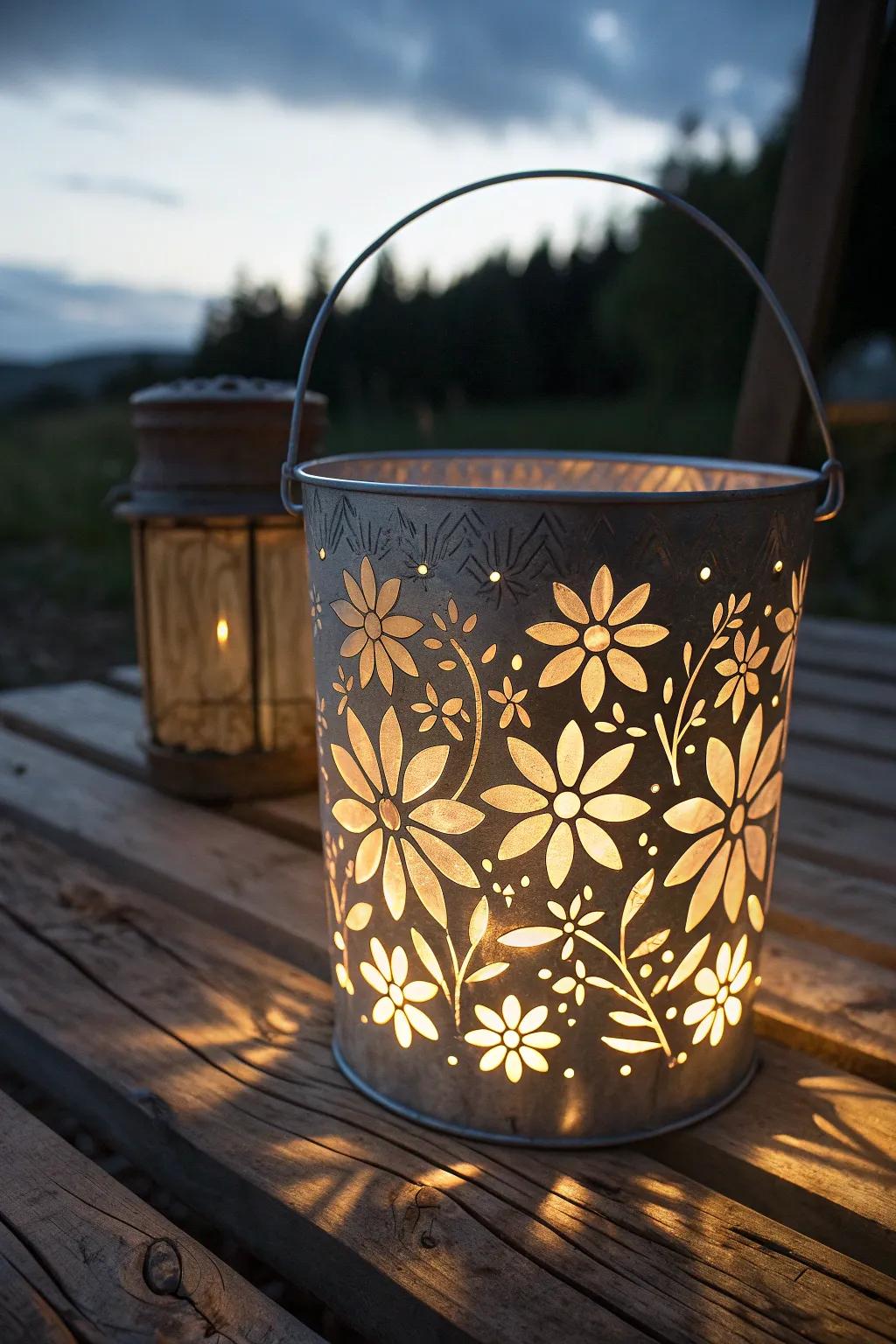 Illuminate your campsite with stenciled bucket art—where craftsmanship meets creativity.