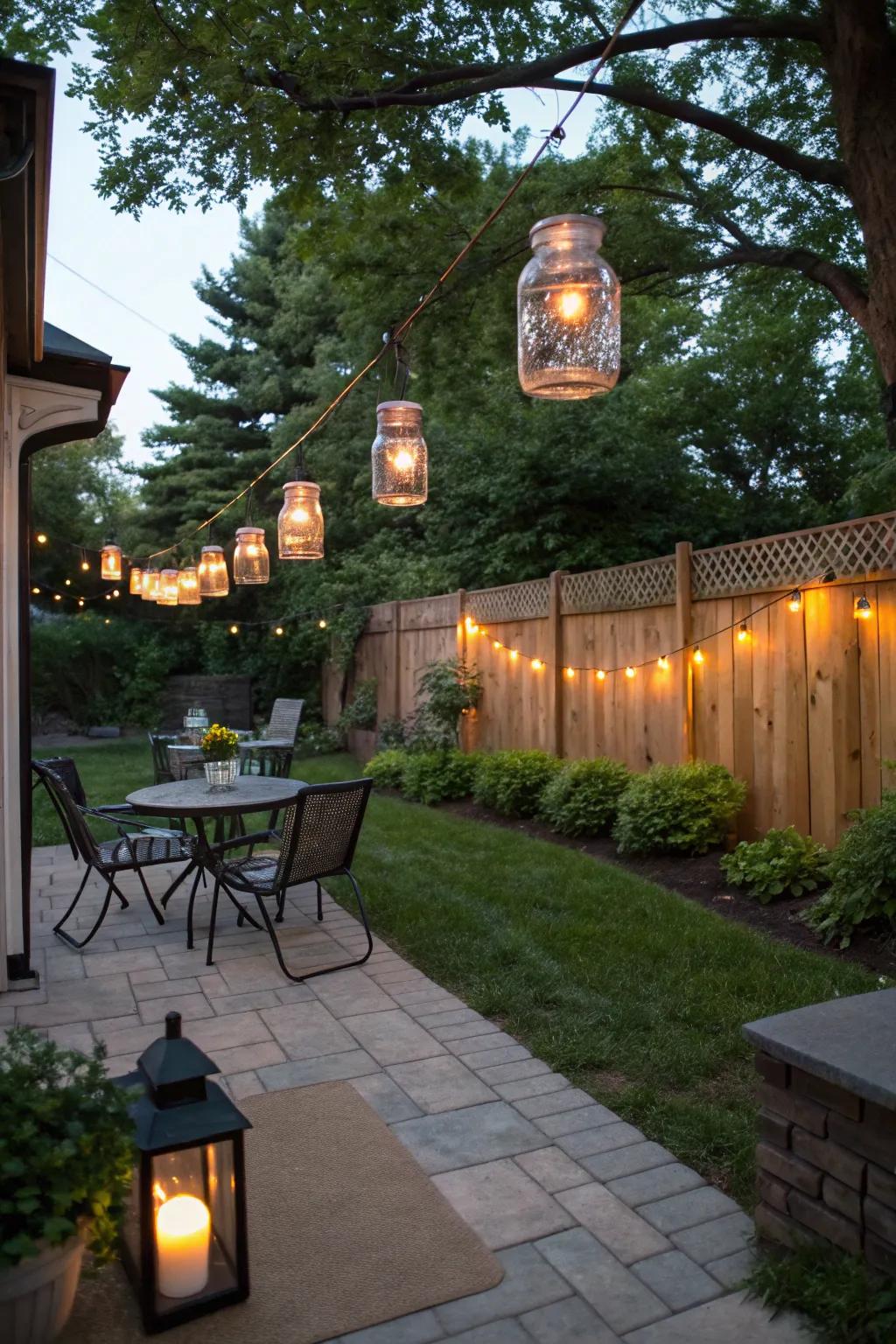 Mason jar lanterns create enchanting lighting in a small backyard.