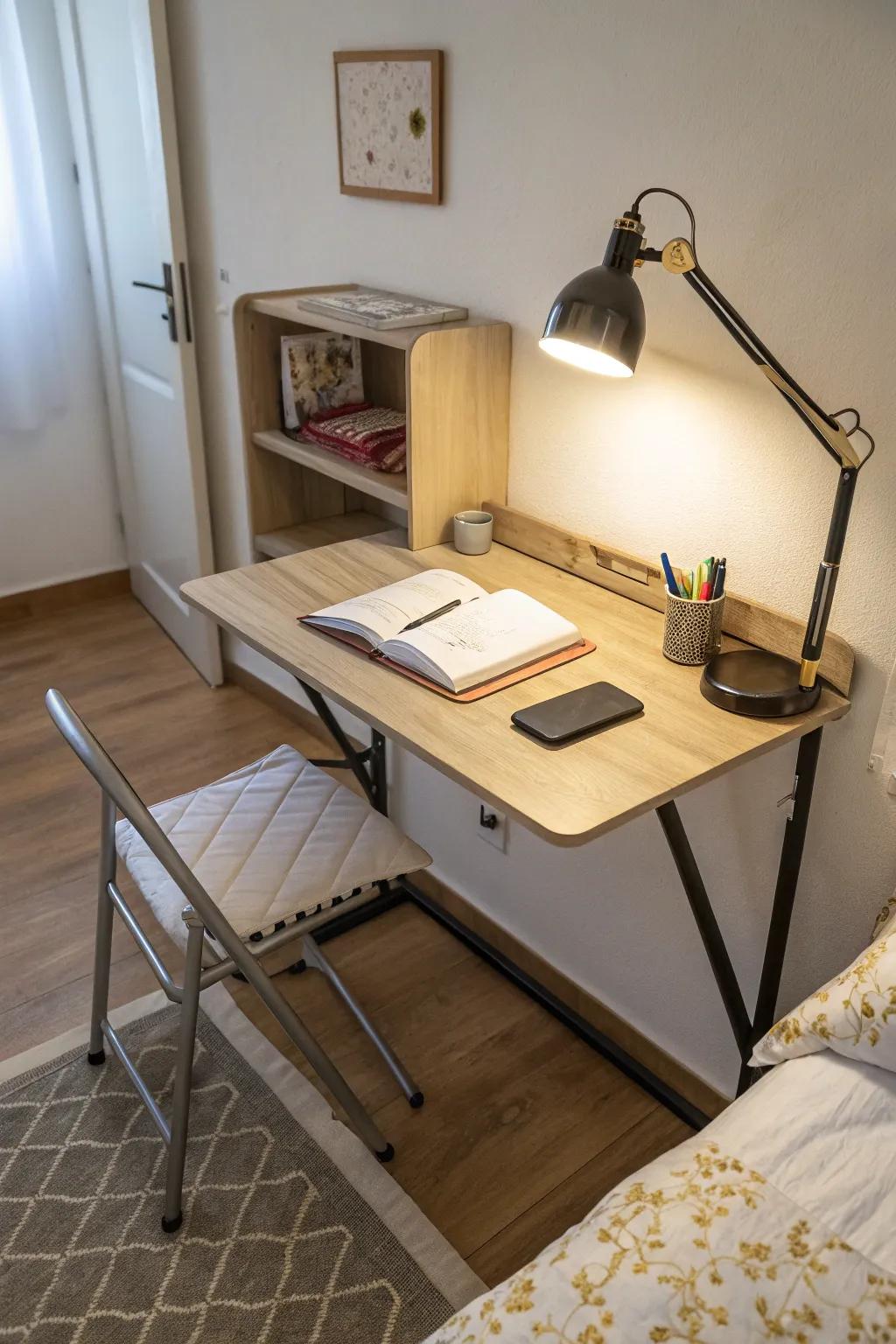 Wall-mounted desks save space and maintain neatness.