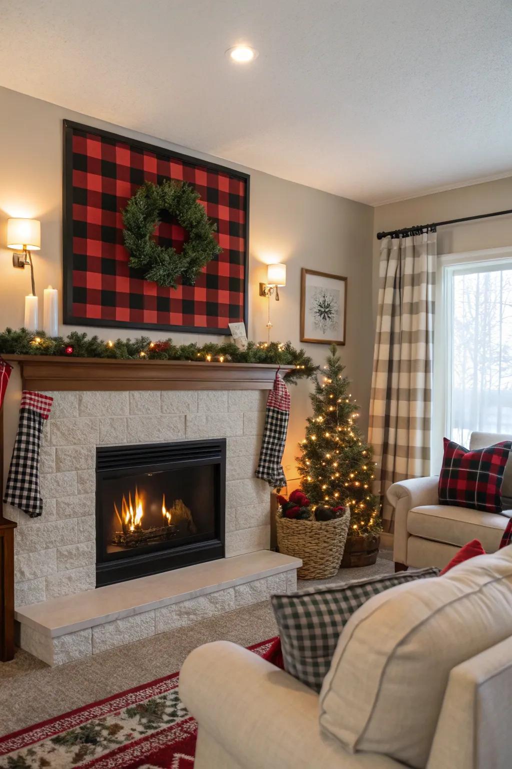 Buffalo plaid accents on a fireplace mantel create a cozy focal point.