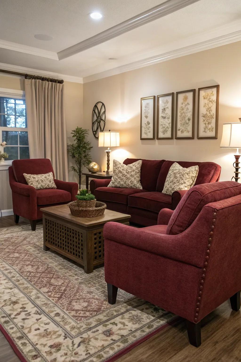 Burgundy accent chairs bring a stylish pop to this living room.