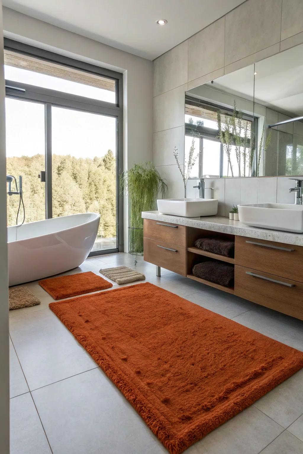 A burnt orange rug adds warmth and texture to the bathroom floor.