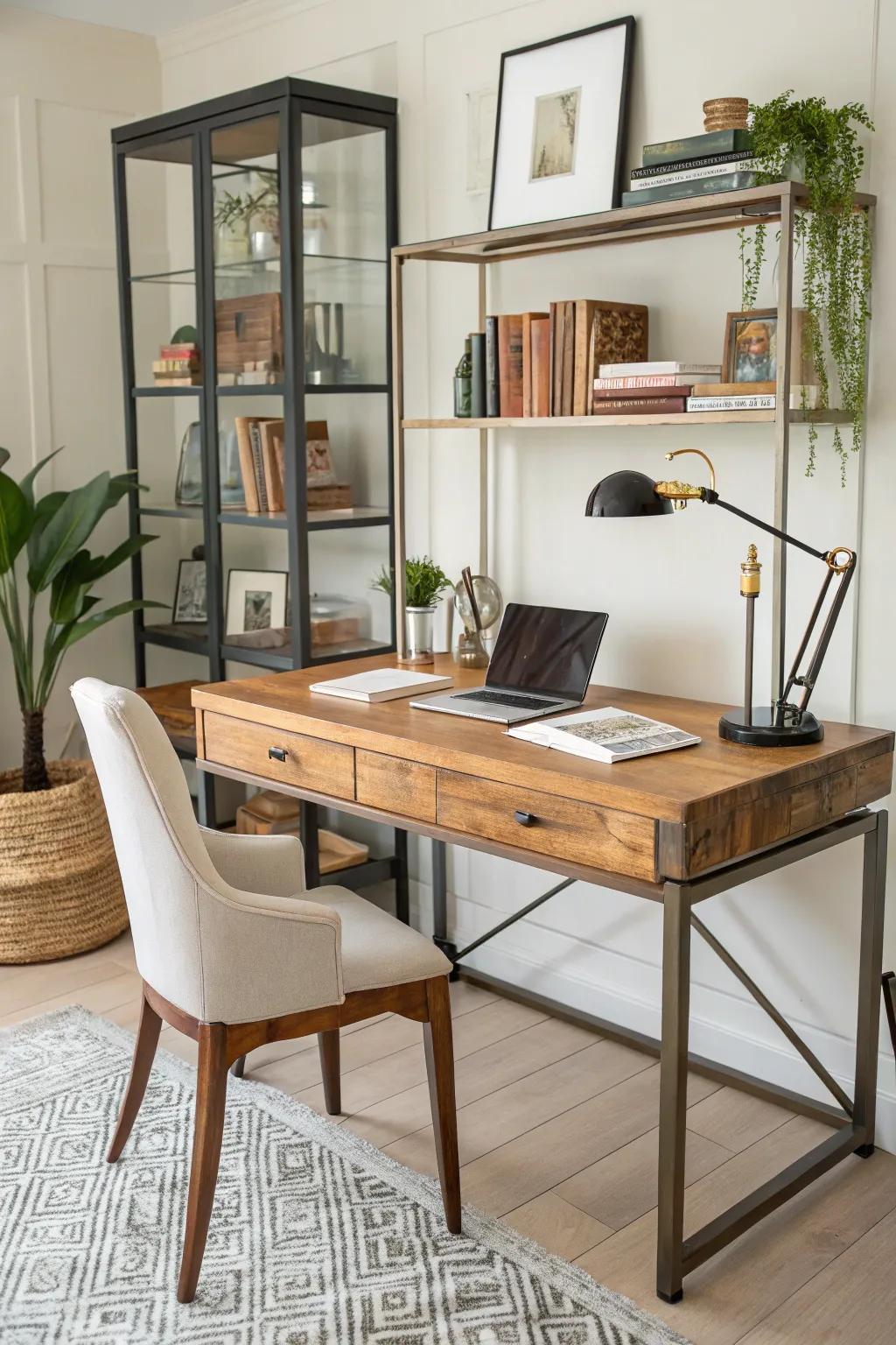 A butcher block desk with a mix of materials for added texture.