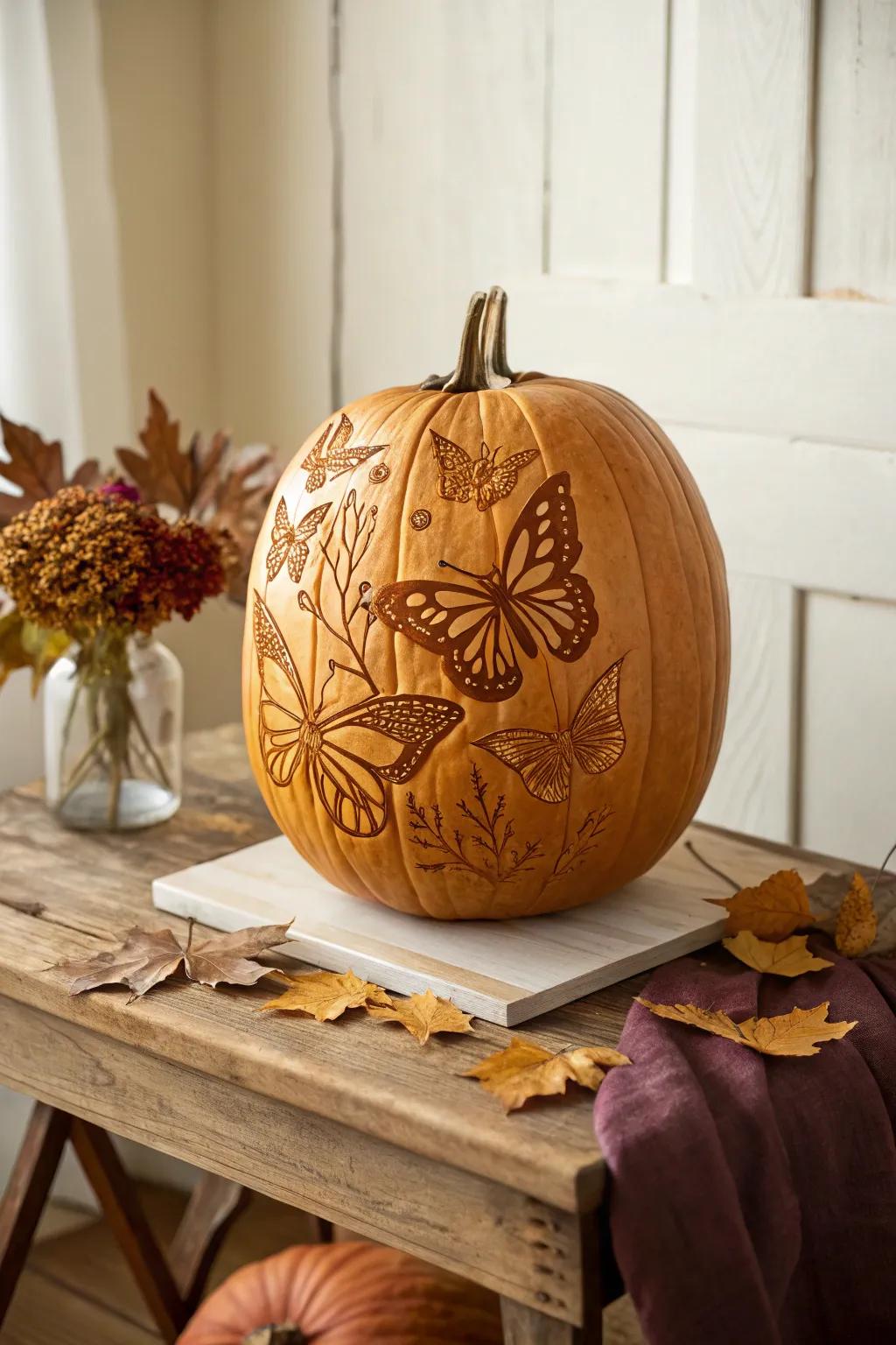 Embrace the journey with this beautifully carved monarch butterfly pumpkin, where simplicity meets artistry.