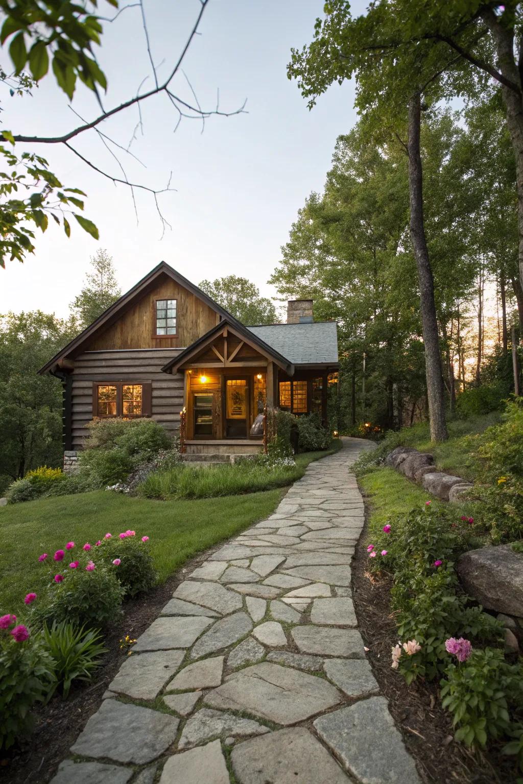 A charming stone pathway leading to the cabin