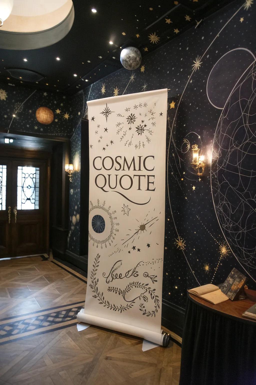 Cosmic designs inspire dreams through calligraphy quotes.