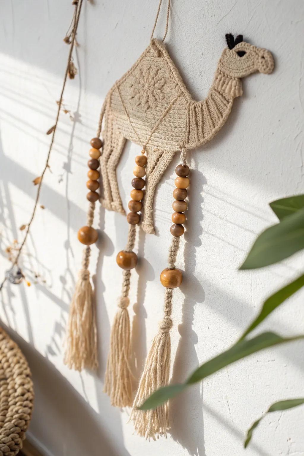 Add a touch of exotic elegance to your space with this boho-inspired camel wall hanging. Perfect for embracing simplicity and craftsmanship.