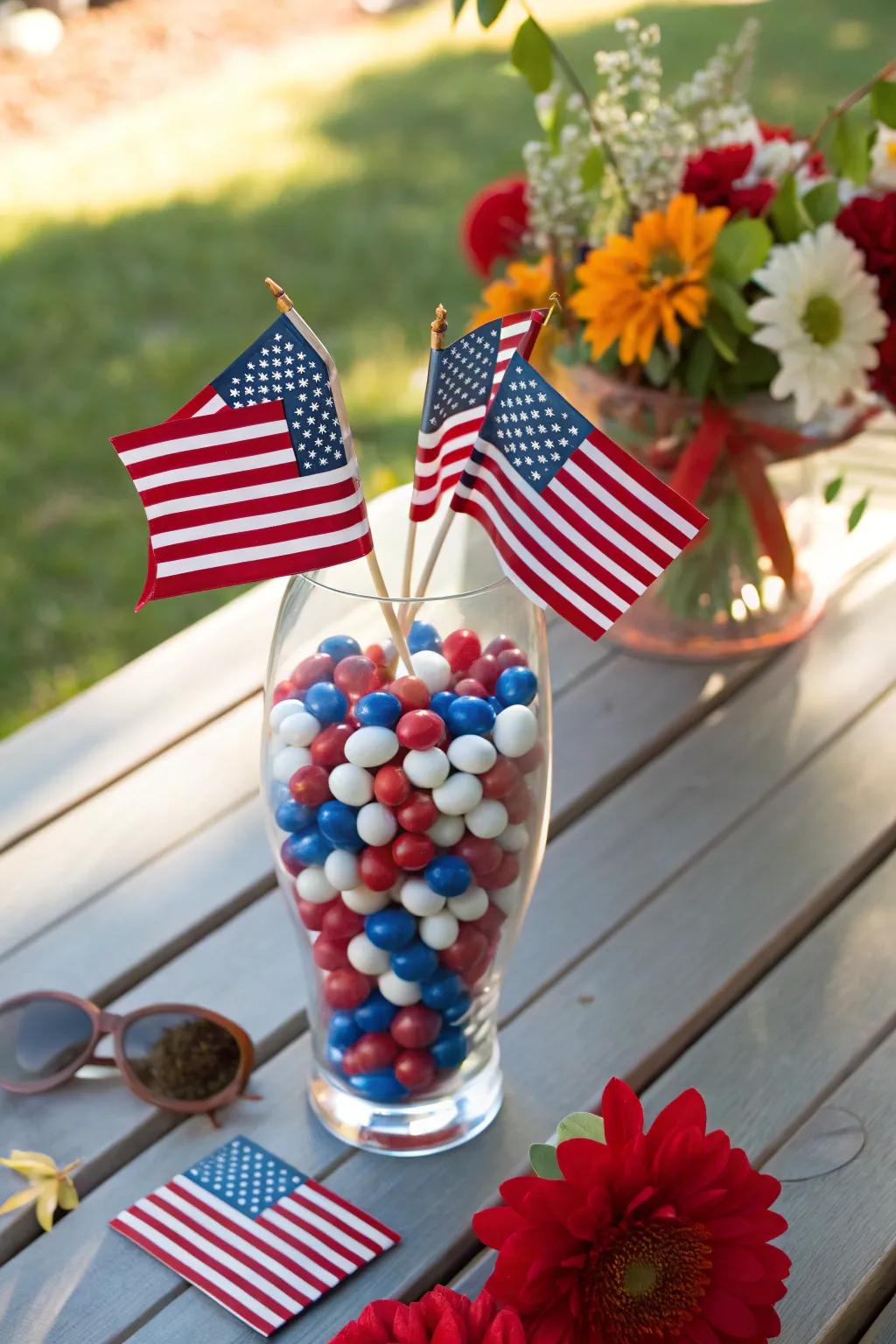 A patriotic candy vase is perfect for Independence Day celebrations.