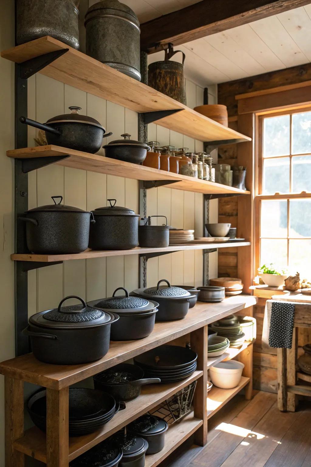 Open shelves beautifully displaying cast iron cookware.