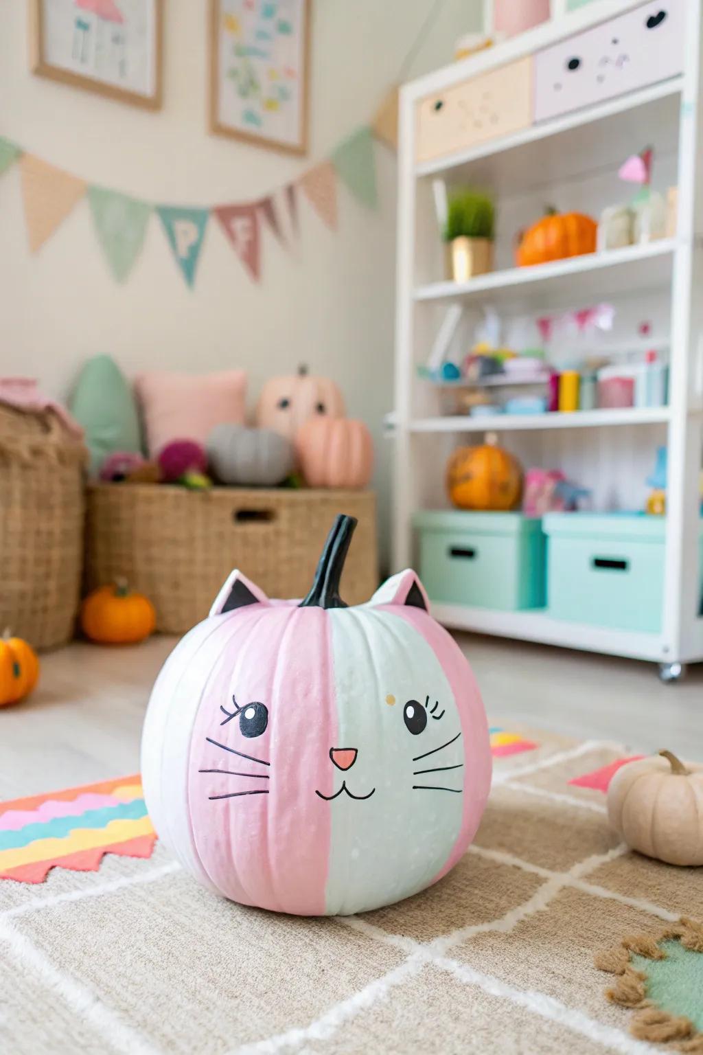 A playful kitten pumpkin perfect for kids' spaces.