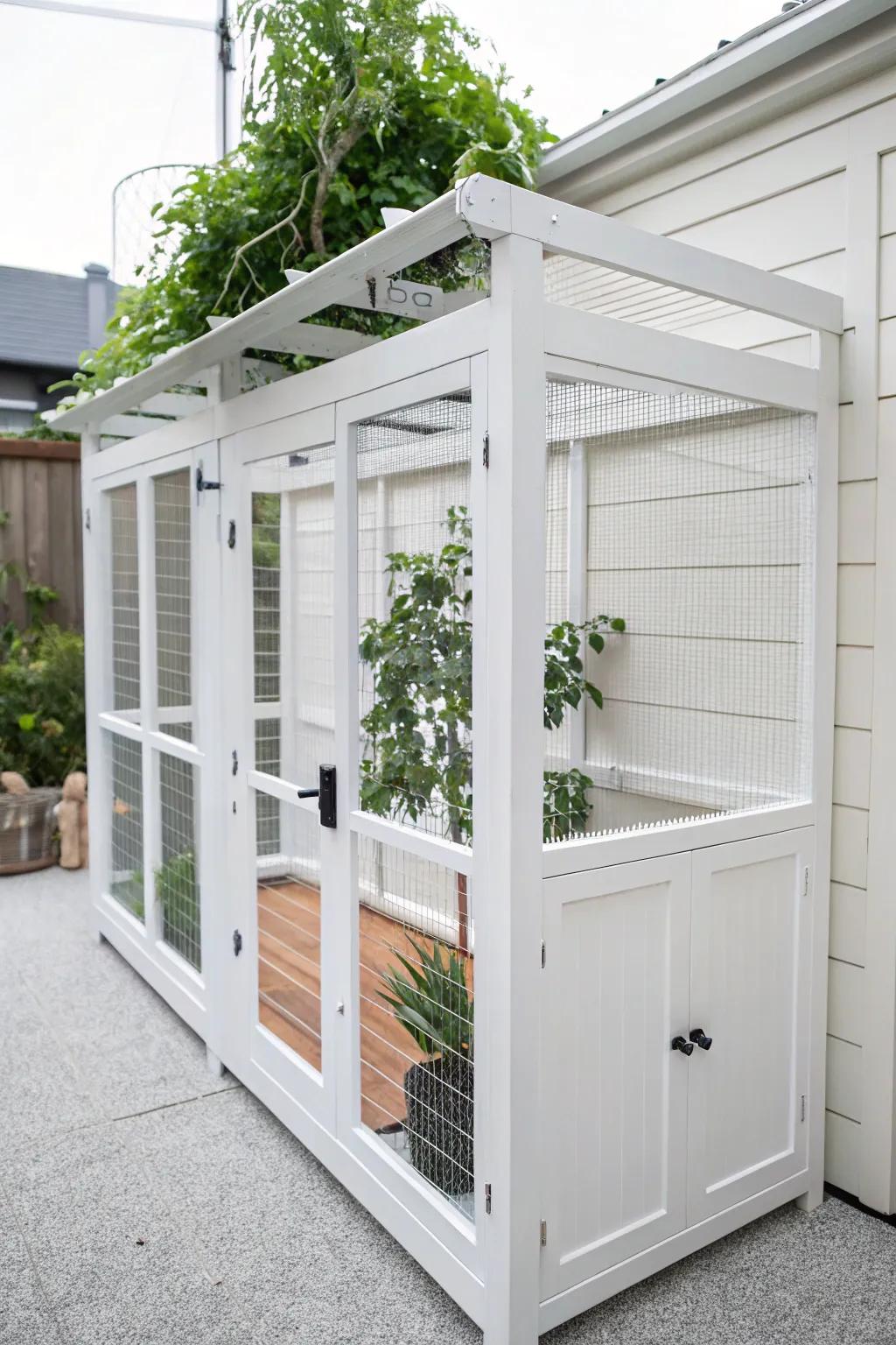 An elegant white catio with clean lines and minimalist design.