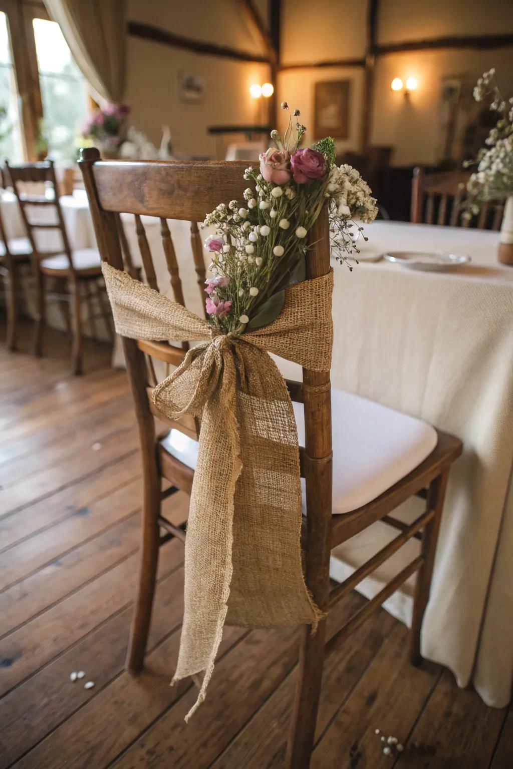 Burlap ribbon adds a rustic charm to chair decor.