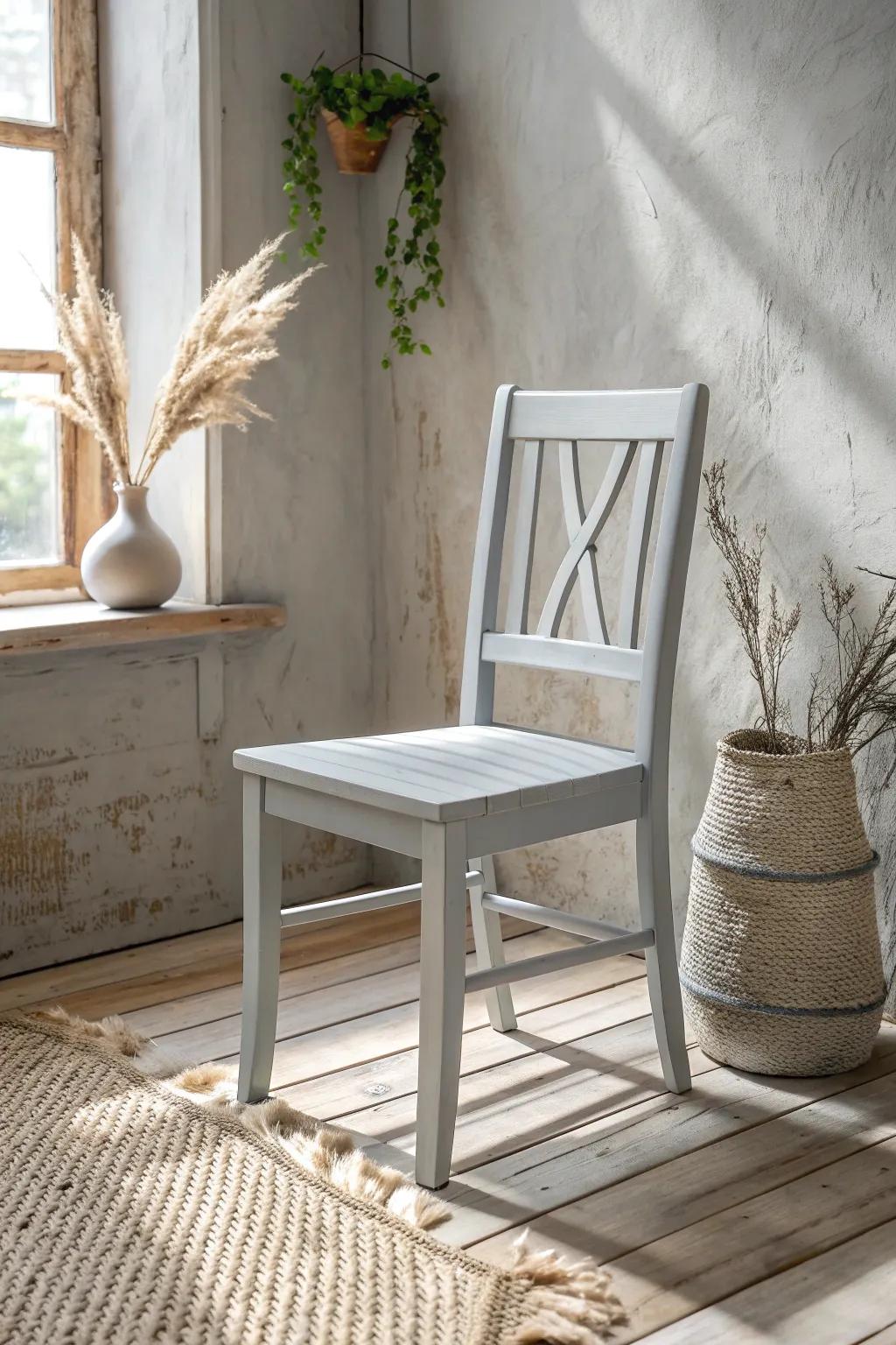 Embrace tranquility with a soft gray chalk-painted chair for a rustic farmhouse feel.