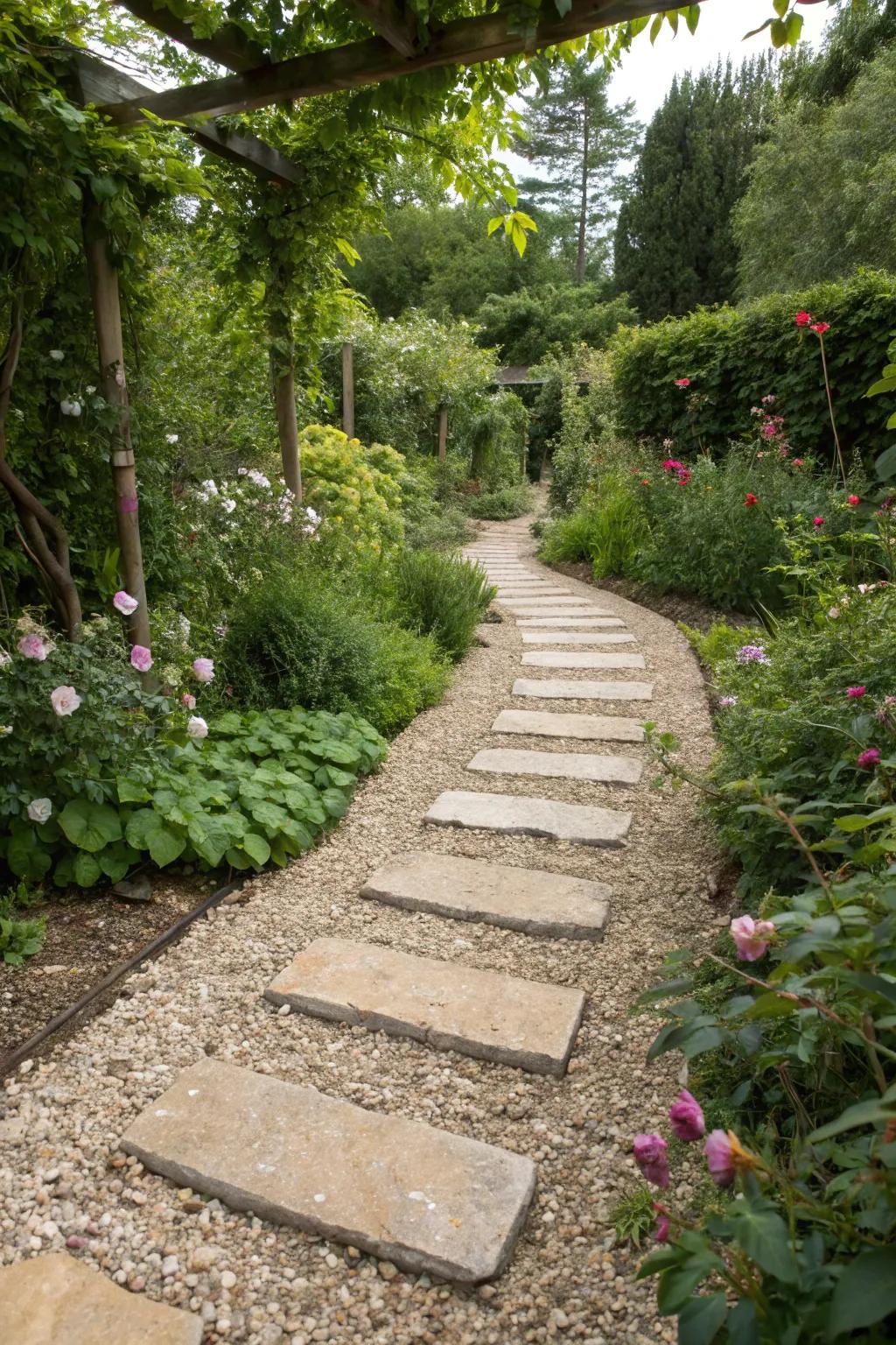 Gravel and pavers combine for a sturdy and stylish garden path.