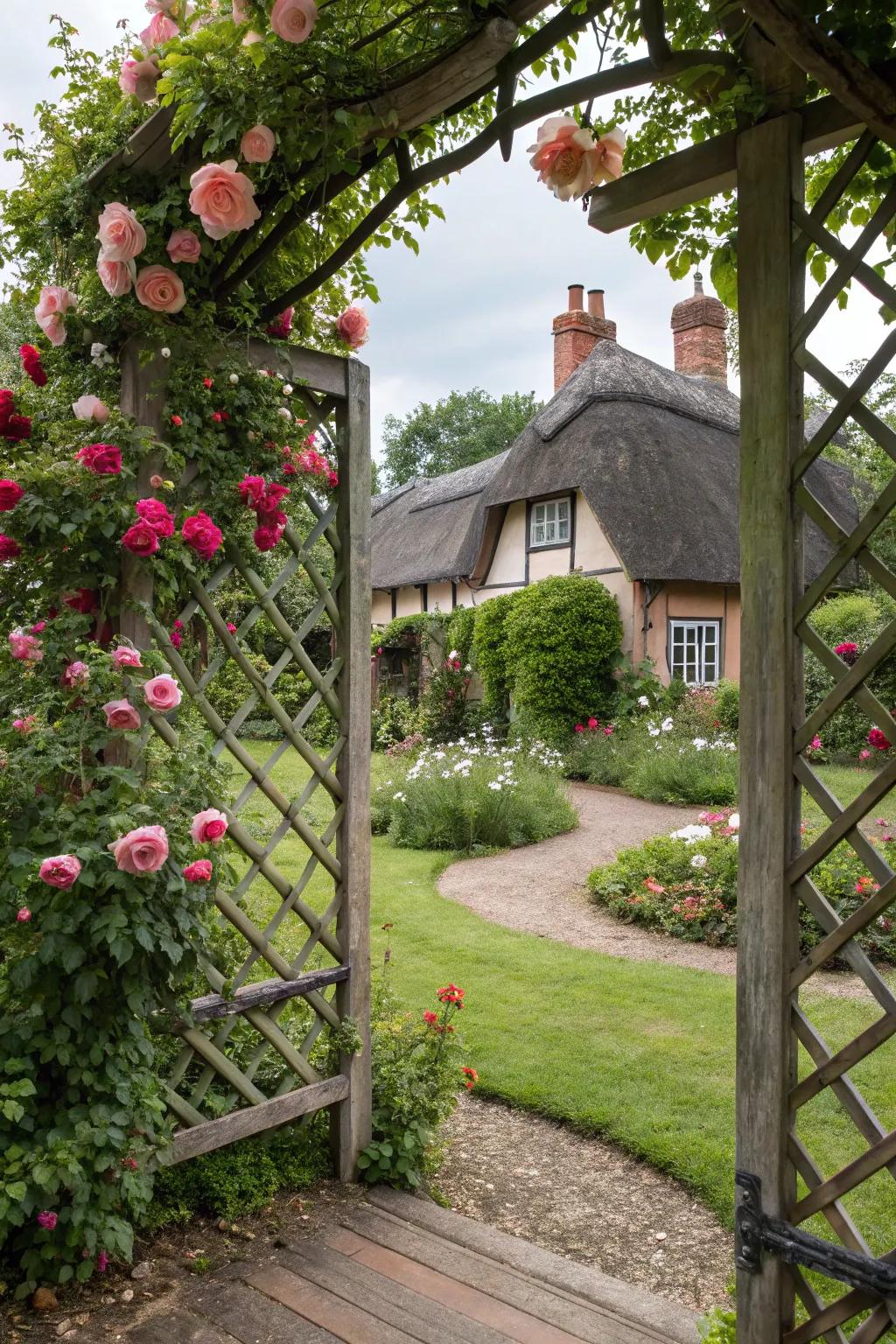 A romantic lattice garden gate, adorned with climbing roses, welcoming you to a cottage garden.