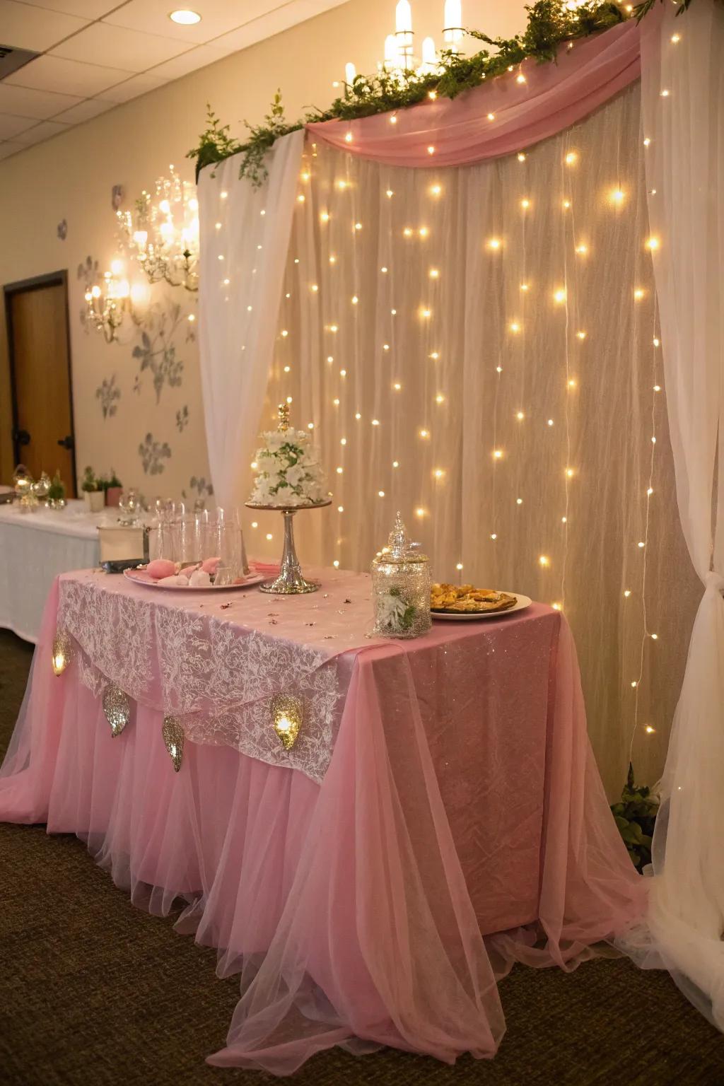 Whimsical fairy tale setting with a pink cheesecloth runner.