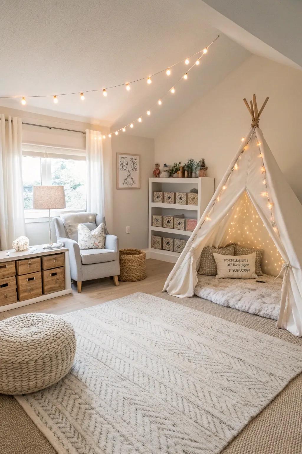 A children's room with a neutral-toned carpet, offering timeless elegance.