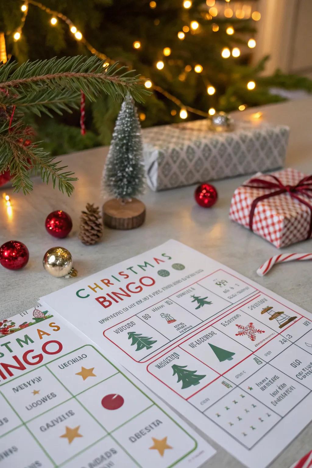 Bingo and charades create a lively and interactive holiday game night.