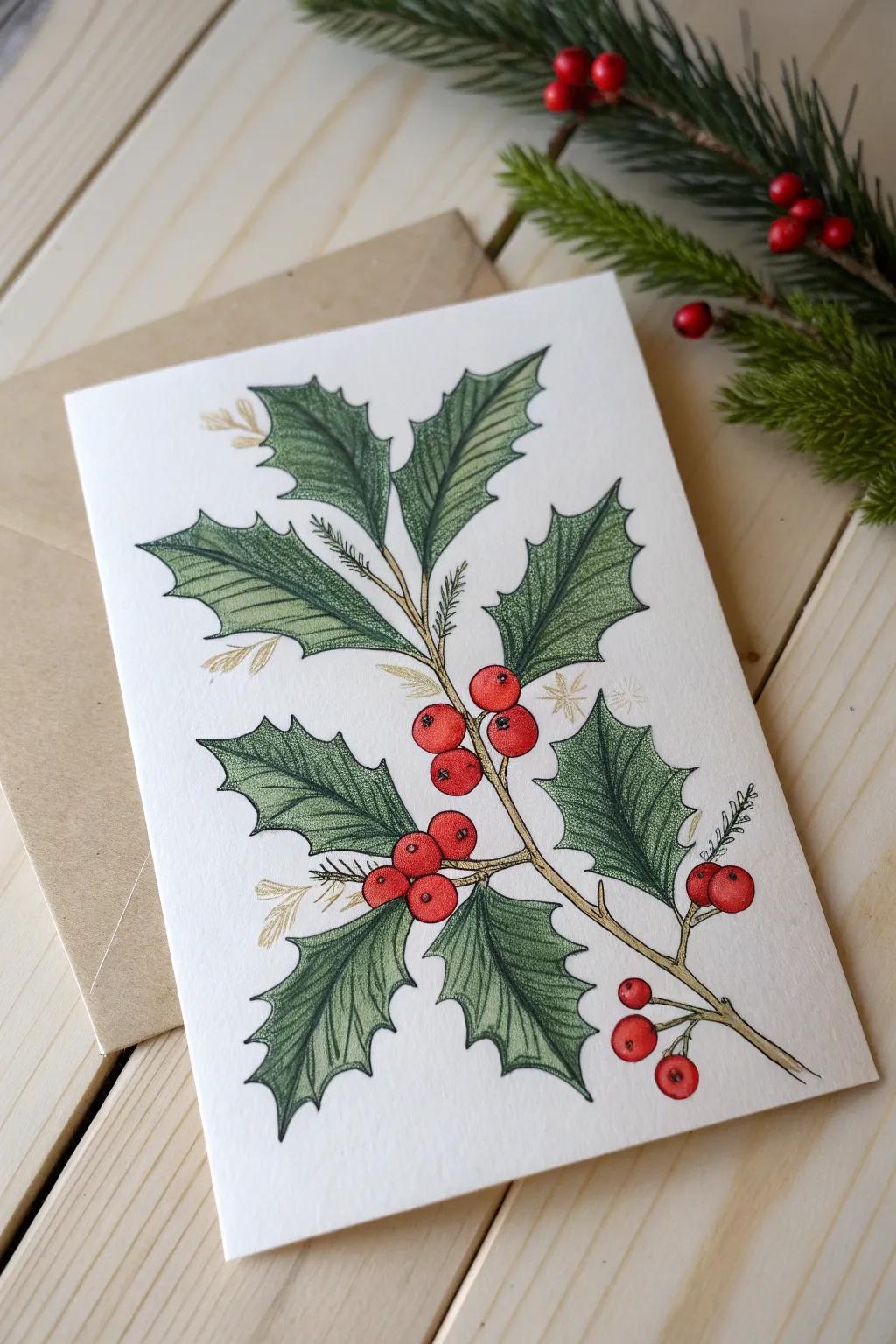 Capture the essence of the holiday season with a minimalist holly and berries Christmas card.