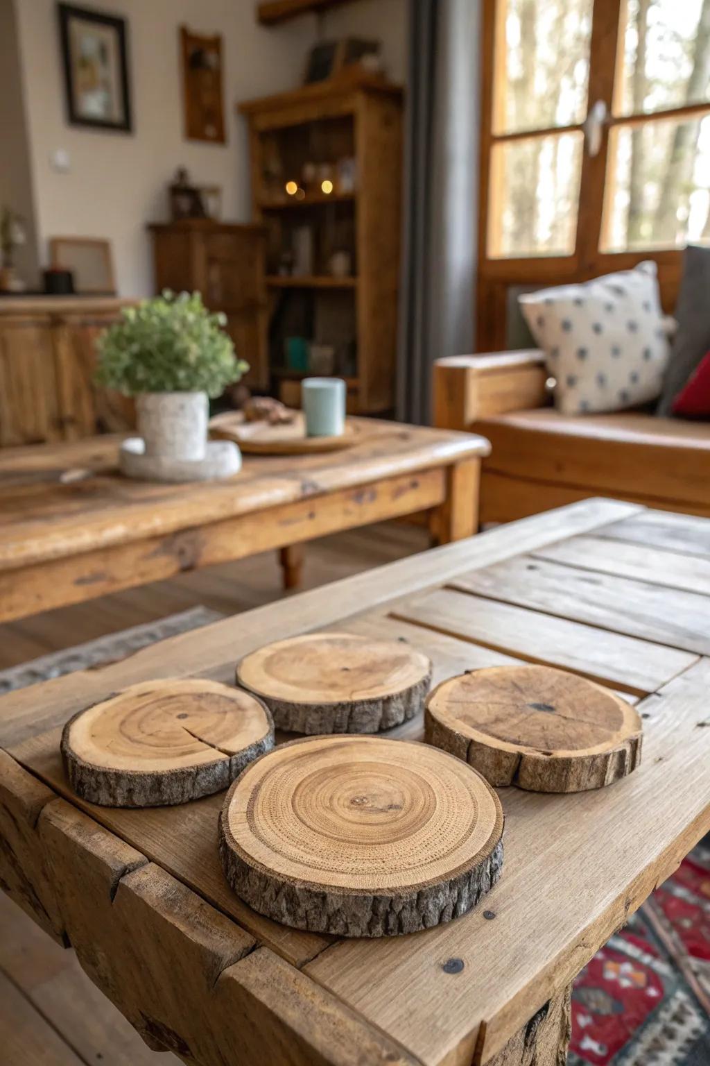 Upcycled wood coasters that combine style with sustainability.