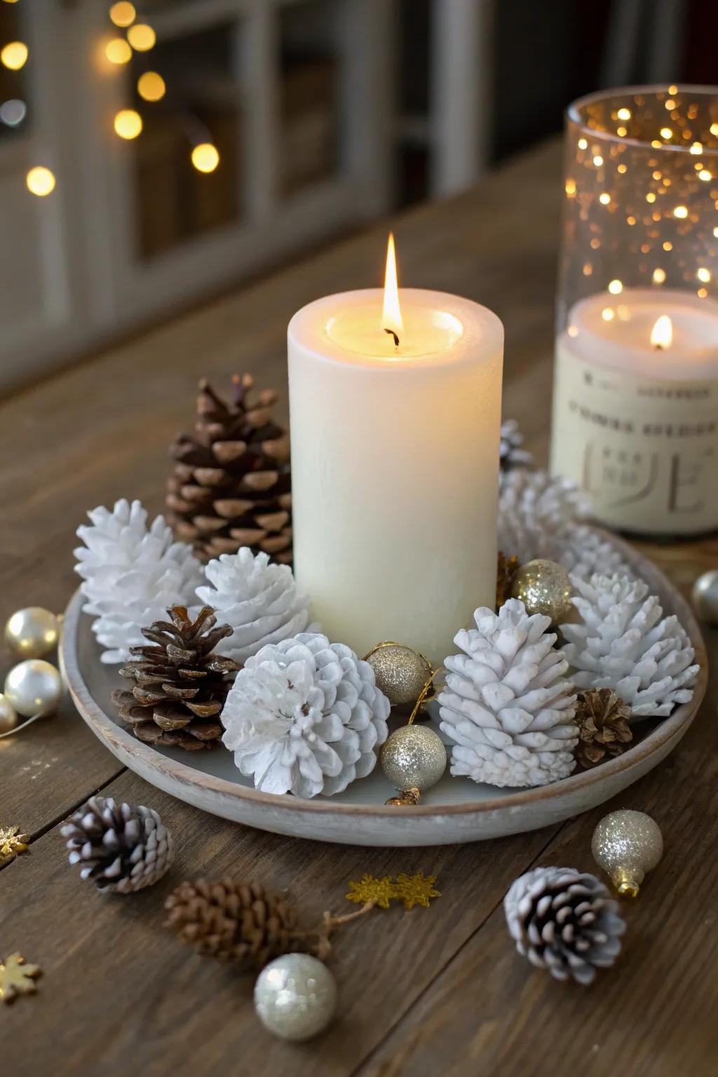 Achieve a snowy effect with white-painted pinecones around your centerpiece.