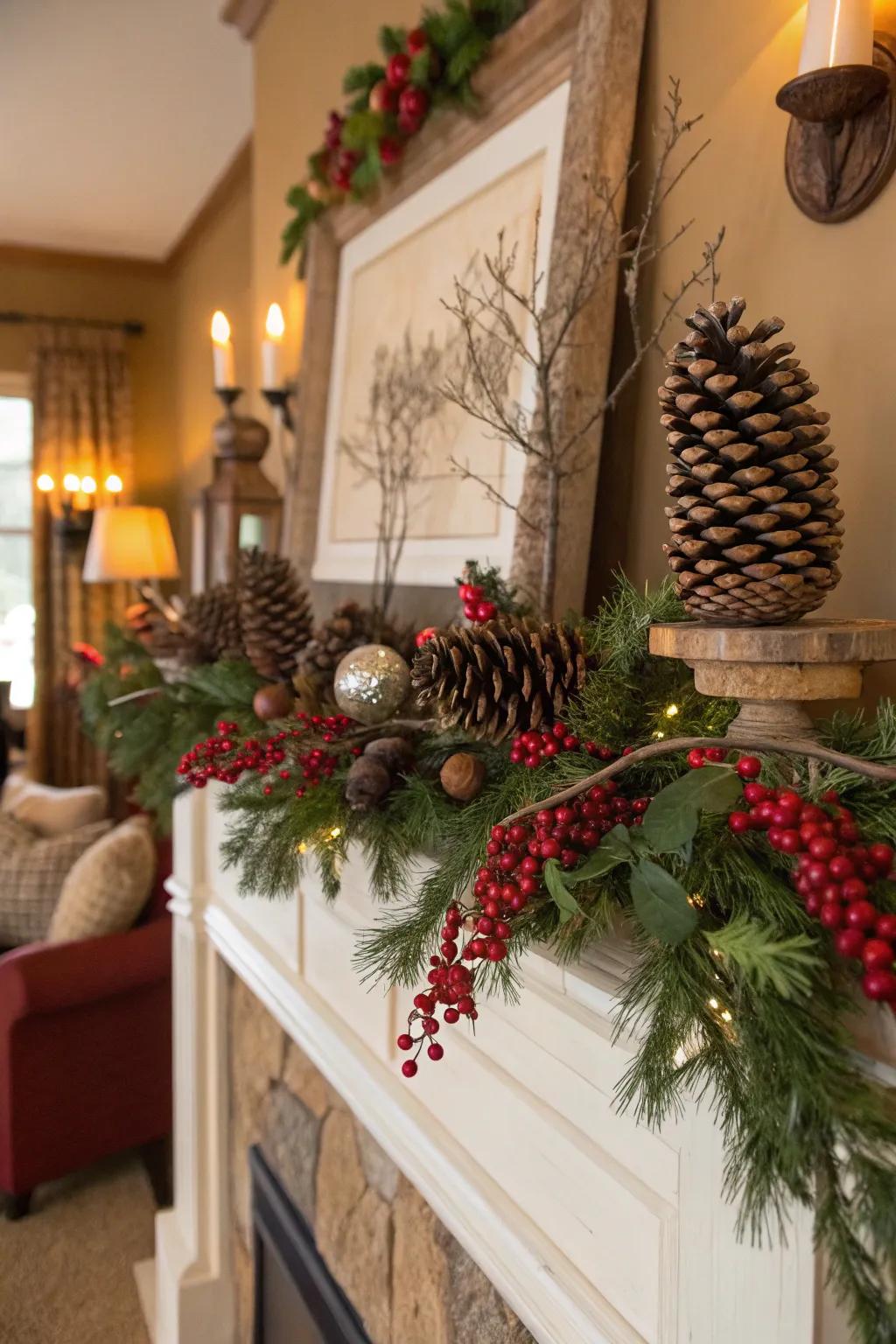 A rustic nature-inspired Christmas mantel.