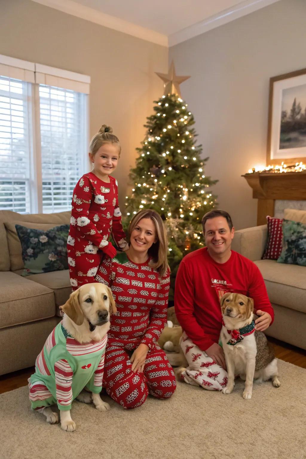 A heartwarming family photo featuring pets in their own festive pajamas.