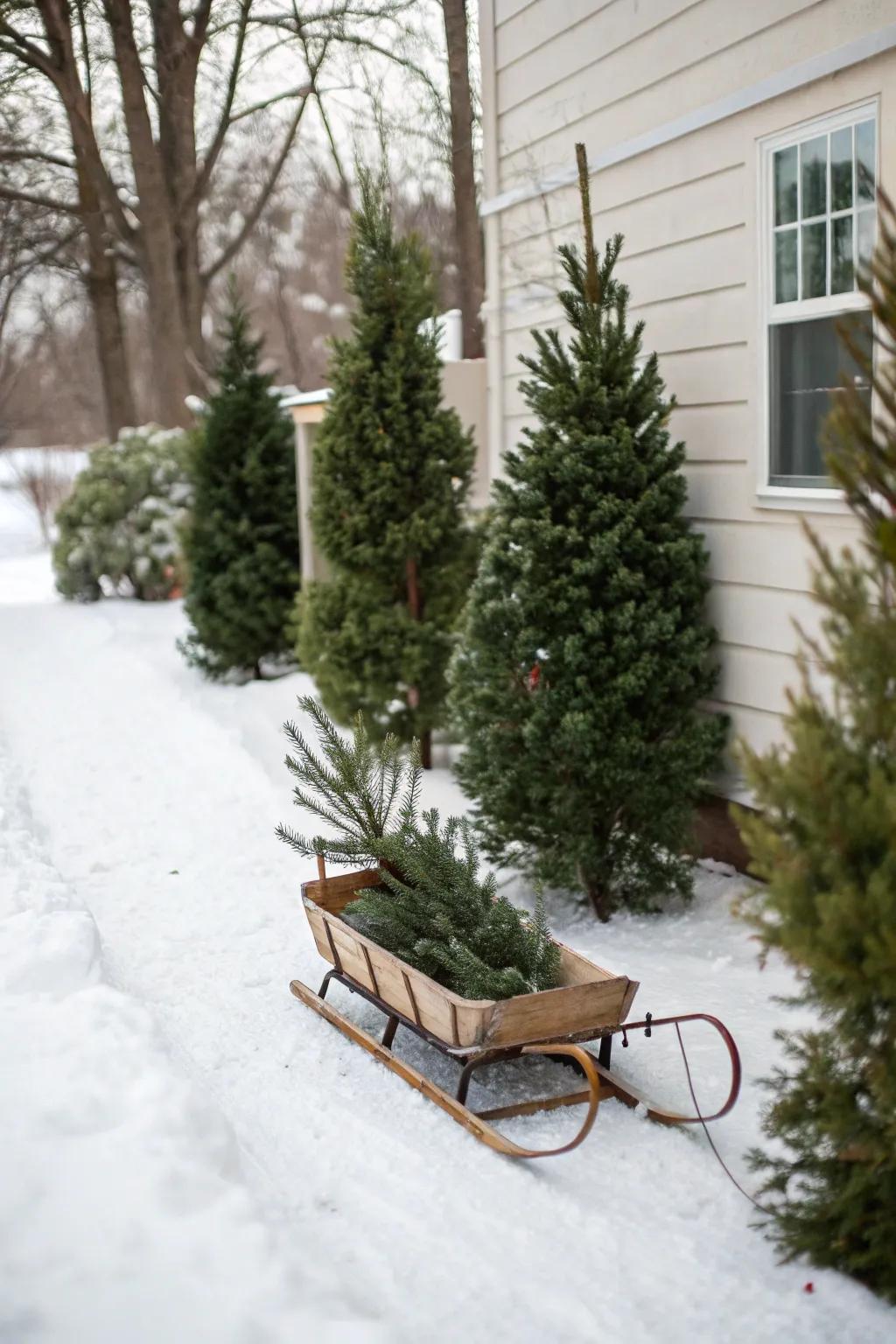 Mini evergreens frame the sled beautifully.