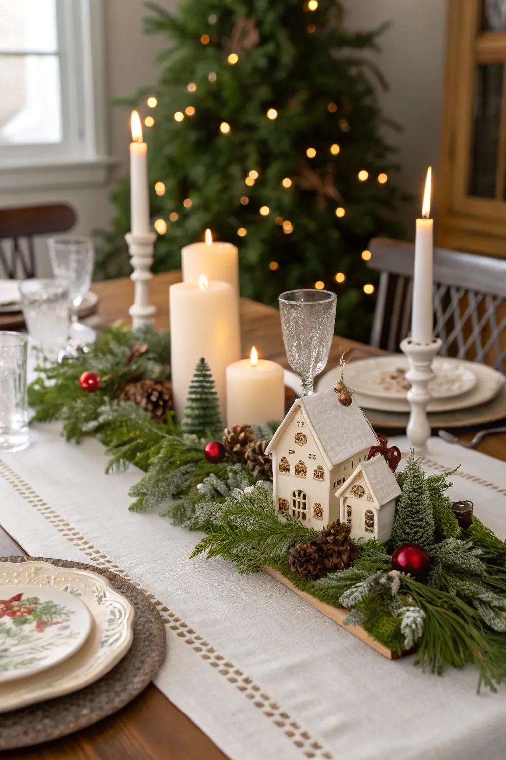 A Christmas village brings whimsical charm to your table.