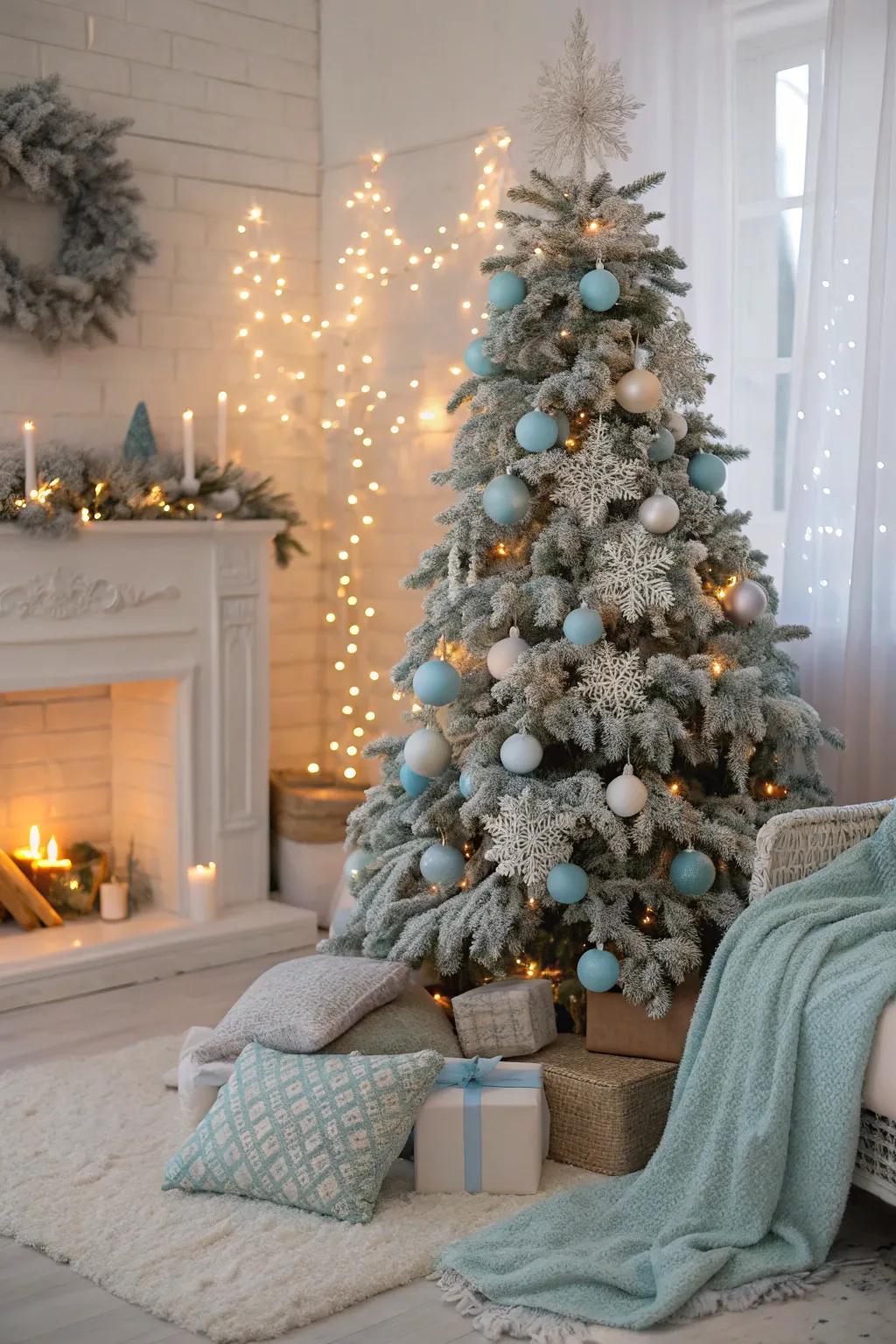 Mimic a winter landscape with an icy blue and white Christmas tree.