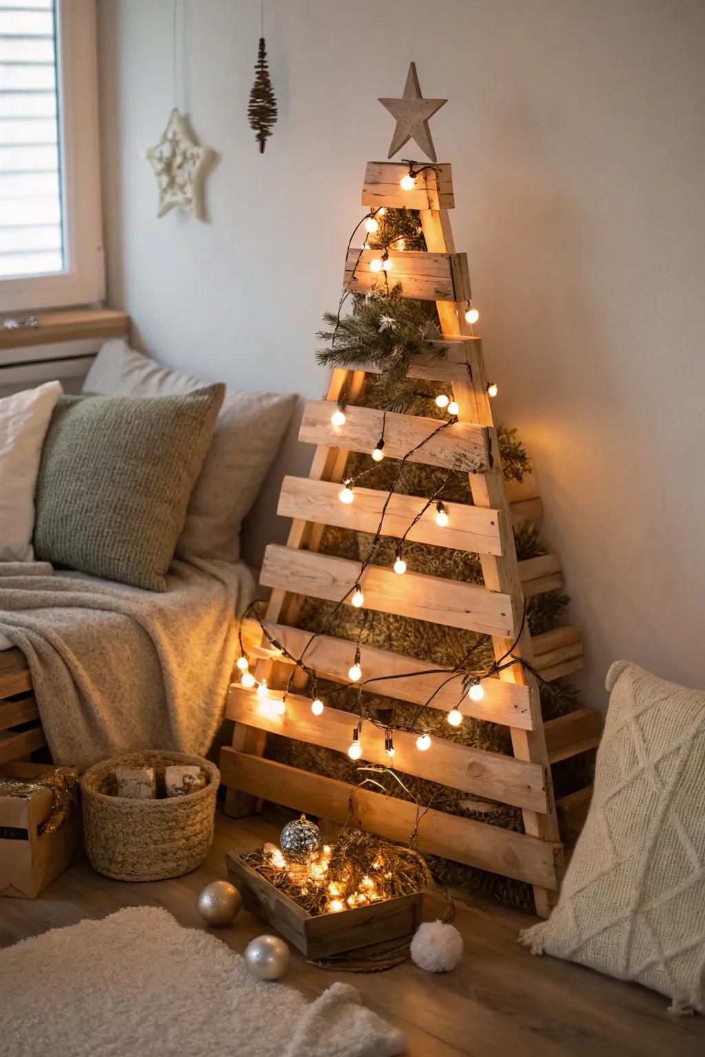 A repurposed wooden pallet tree that's both sturdy and stylish.