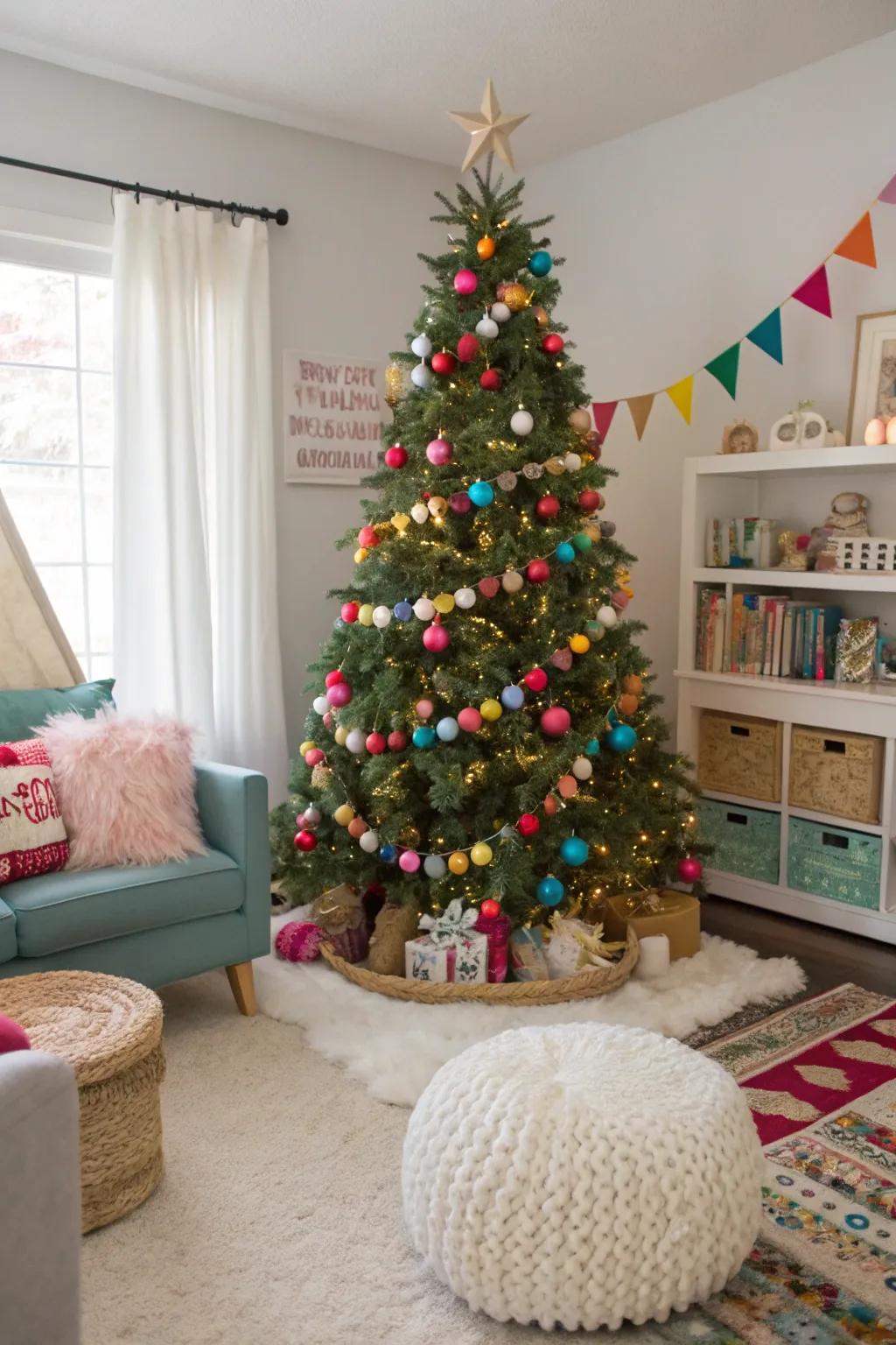 A playful Christmas tree with pom-pom garlands