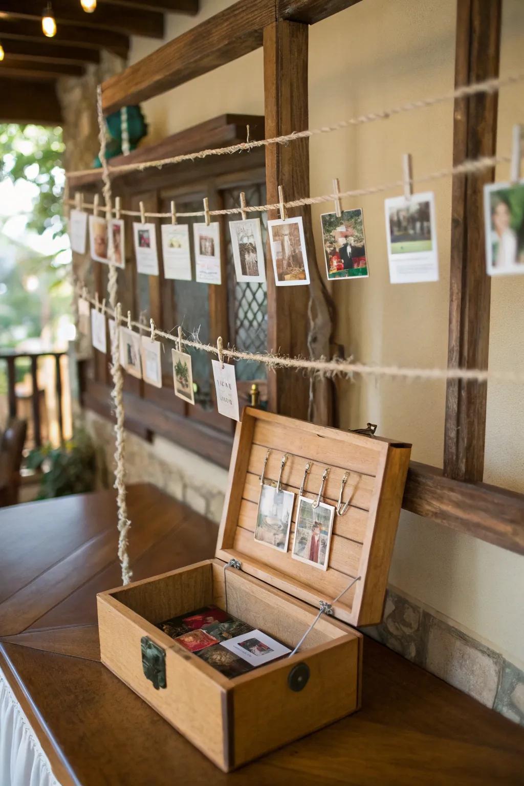 A charming photo display from a cigar box showcases your favorite memories.