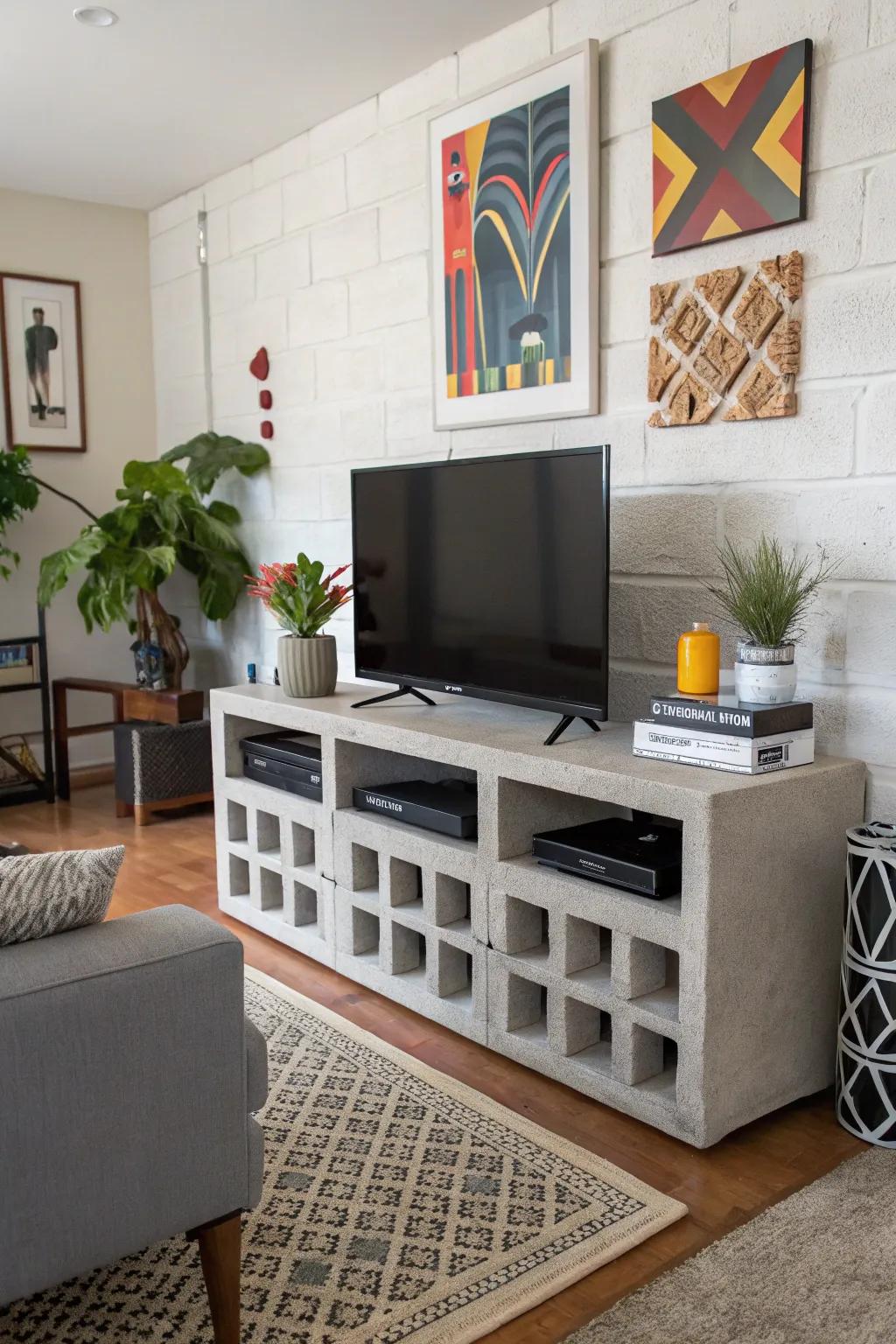 A geometric cinder block TV stand adds a touch of artistry to this modern living space.