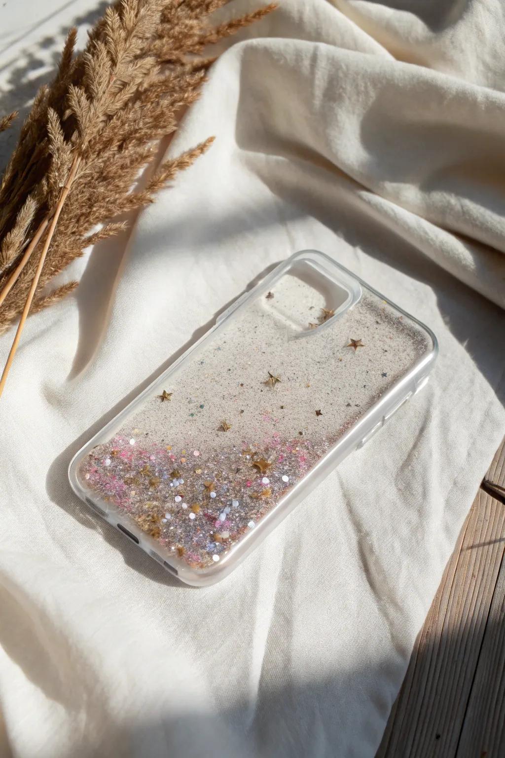 Add a touch of sparkle to your phone with this stunning glitter-filled case, perfect for those who love a blend of minimalism and glam.