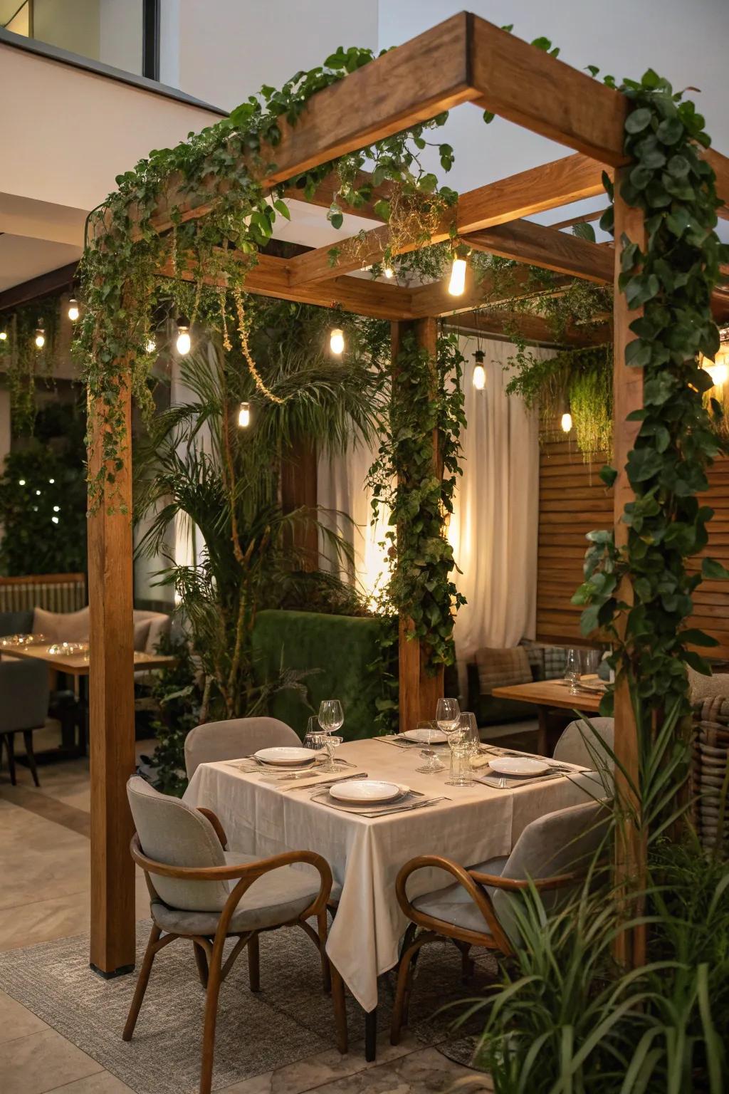 A vine-wrapped frame transforms dining into an experience.