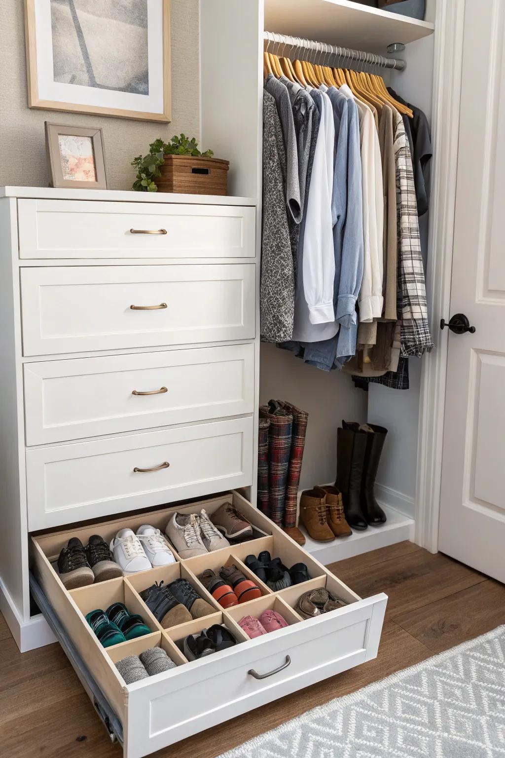 Shoe storage below a dresser, maximizing closet space efficiently.